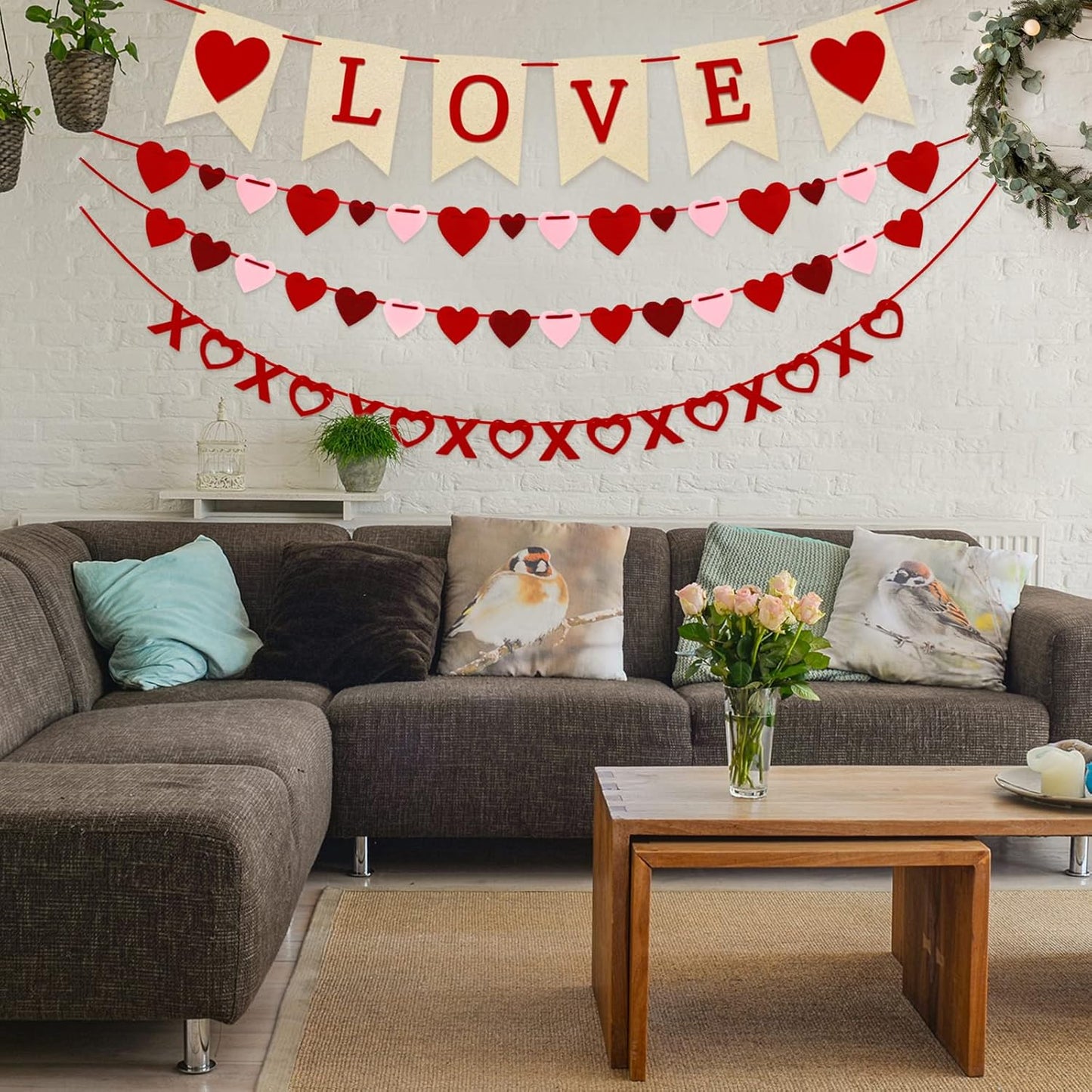 4Pcs Valentines Day Decorations Valentines Day Decor Handmade Love Heart XO Garlands Banner for Engagement Wedding Party Home Classroom Office, No DIY Required