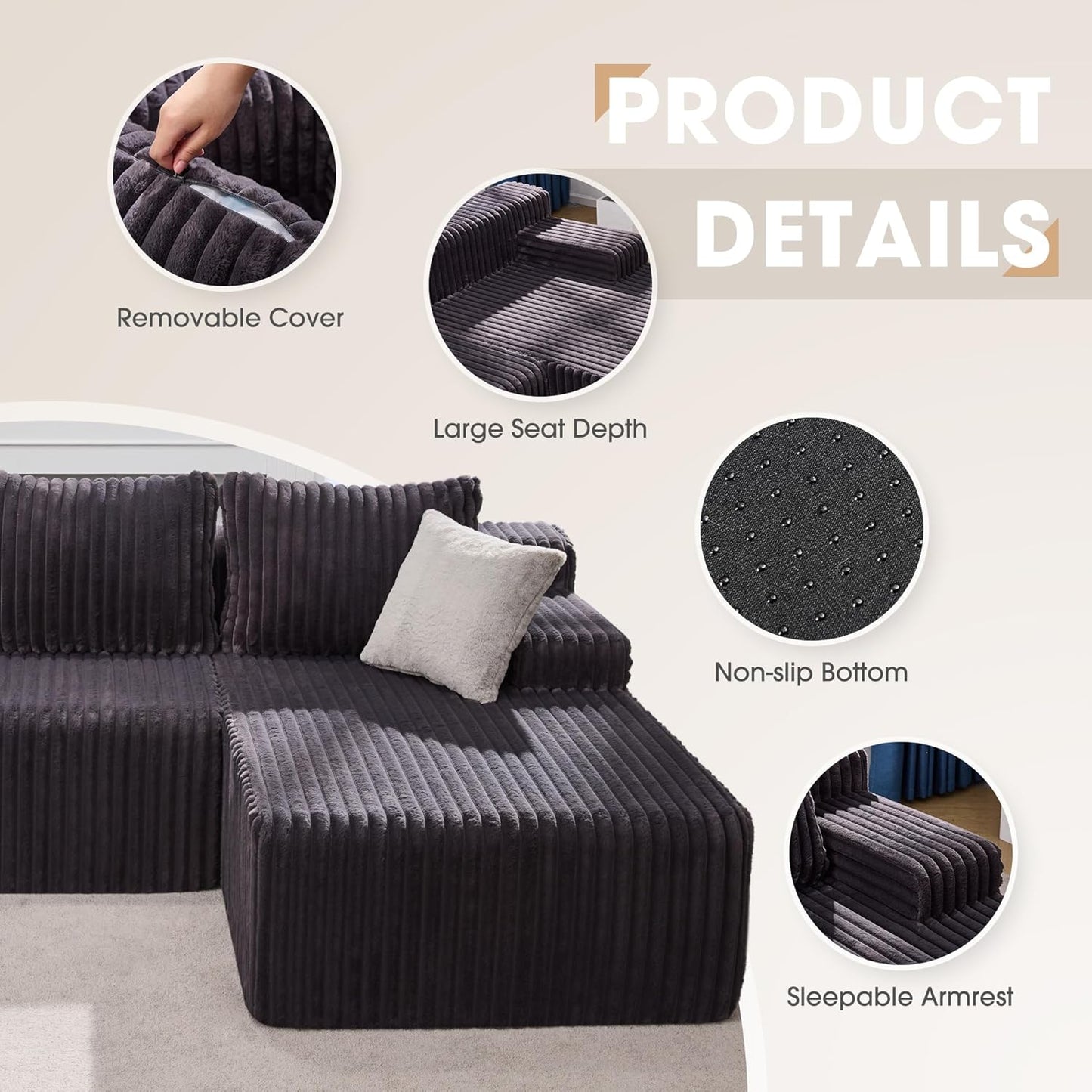 Modular Sectional Sofa Couches L-Shape Couch 3 Seat Modular Sofa Memory Foam Sectional Couches for Living Room, Cloud Couch with Oversized Chaise (Grey Stripe, 96" Right Facing Chaise) | modular
