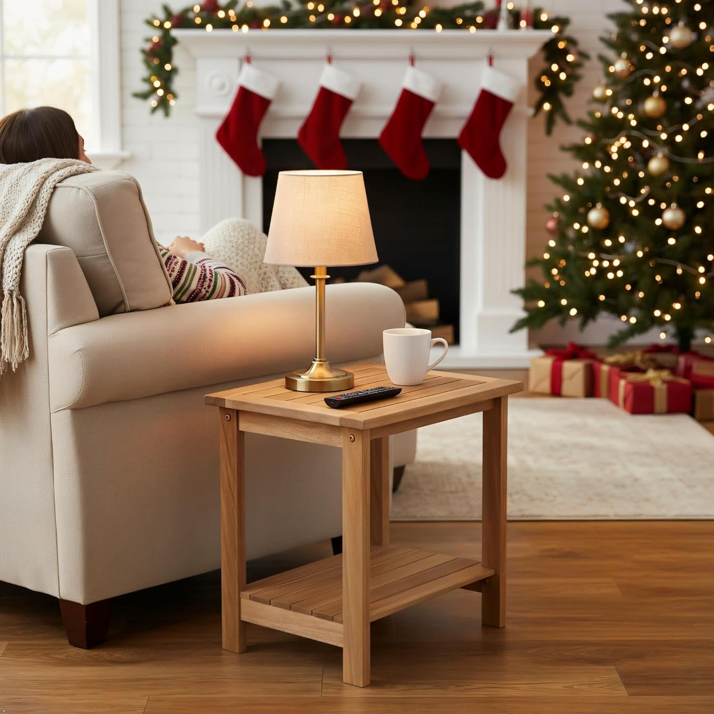 Double Adirondack Side Table, Weather-Resistant Rectangular End Table for Patio, Garden, Lawn, and Living Room. Ideal as a Stylish Indoor and Outdoor Side Table Companion, Natural