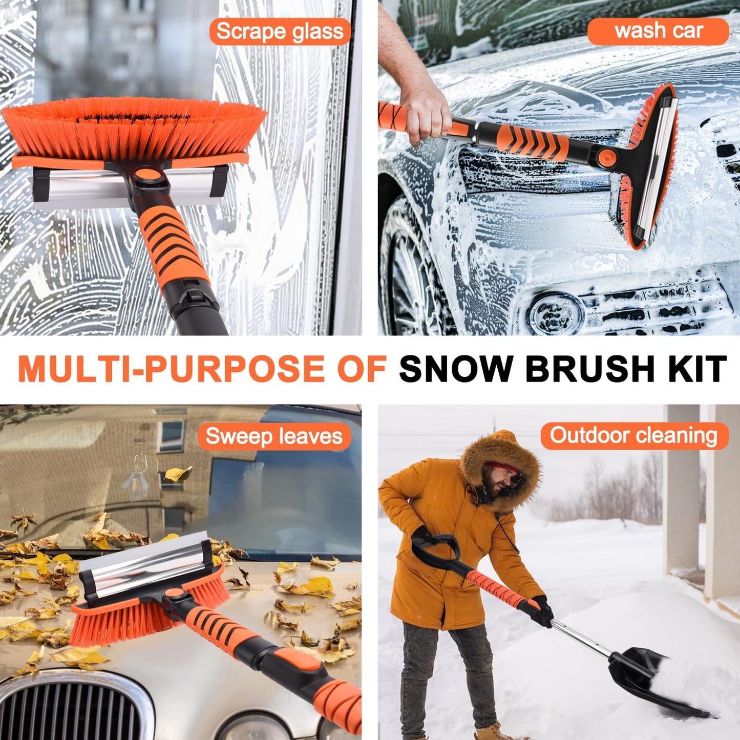 Car Snow Brush Snow Shovel Kit, 42'' Extendable Ice Scrapers and Snow Brushes for Car Windshield with Foam Grip 180° Pivoting Brush Head Snow Scraper, 39'' Extendable Emergency Snow Shovel for Car