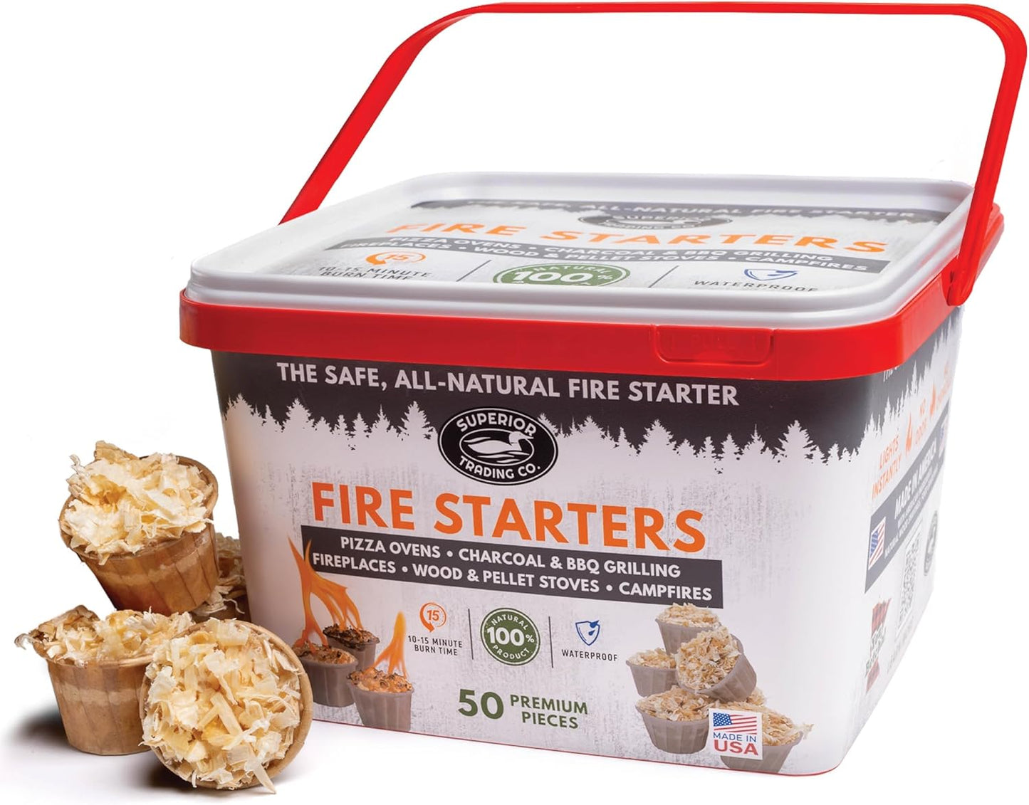 Superior Trading Fire Starter Pods in Plastic Bucket - Fire Starters for Campfires, BBQ, Grill, Pit, Wood Stove & Charcoal Starter, 15-20-Min Burn, 50 Extra Large Pods, USA Made, Brown, 3 Lbs