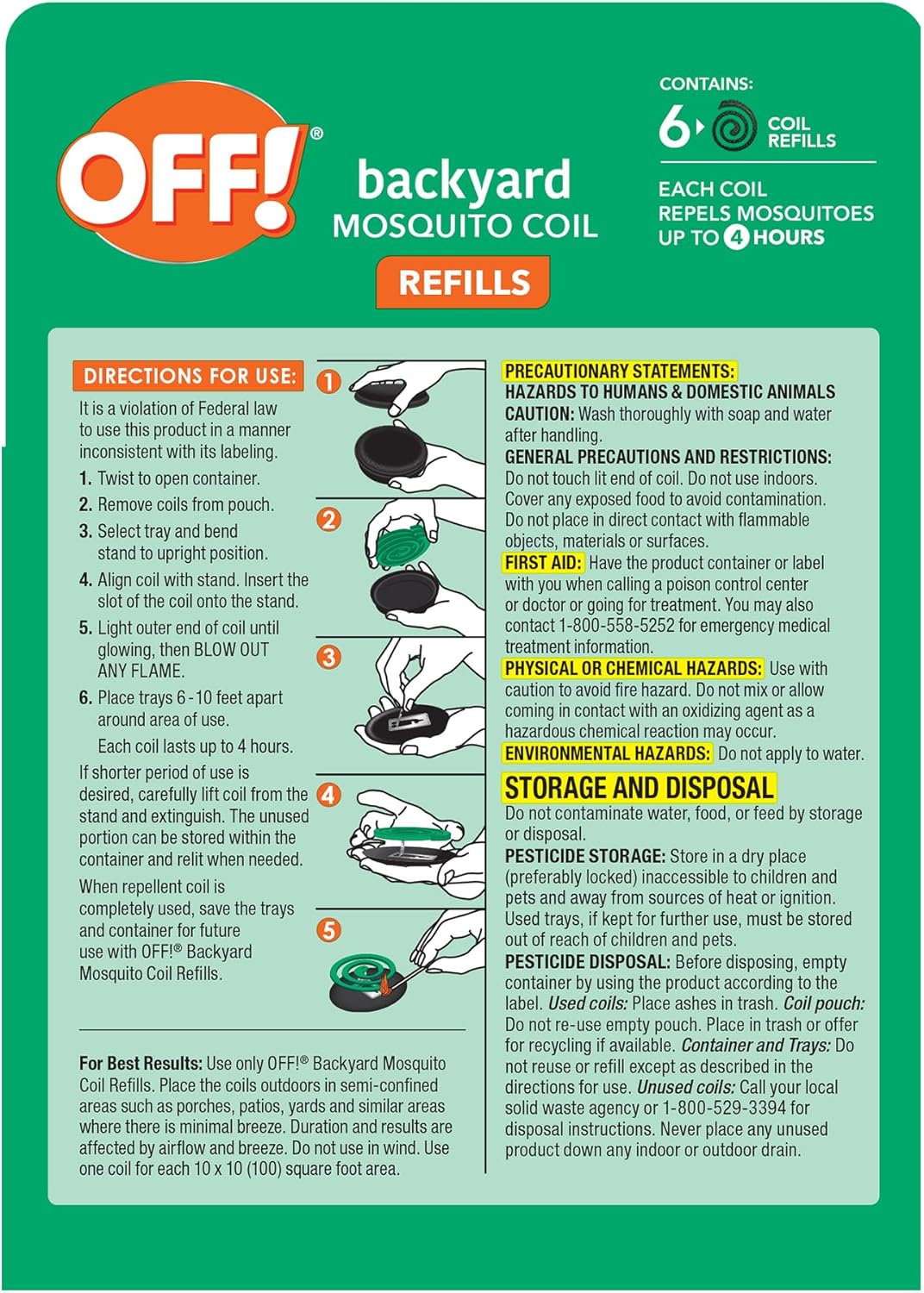 OFF! Backyard Mosquito Repellent Coil Refills, Perfect for Outdoor Patios Country Fresh Scent, 6 Count