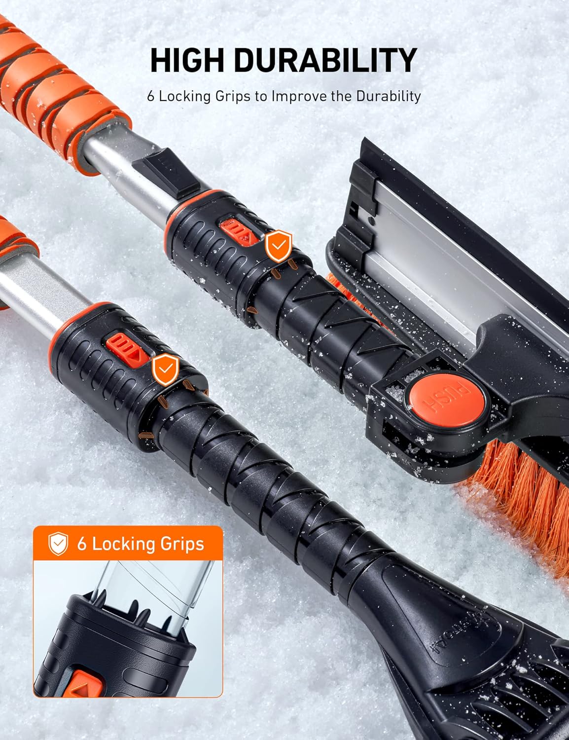 AstroAI 47.2" Ice Scrapers for Car Windshield, 3 in 1 Sturdy Snow Brush with Squeegee, 10 Adjustable Length Settings, Extendable Aluminum Handle, 180° Pivoting Snow Scraper for Car, Truck, SUV(Orange)