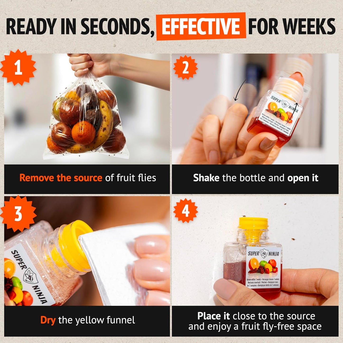 Super Ninja Fruit Fly Traps for Indoors - 4 Pack, Highly Effective Fruit Fly Catcher for Indoor Use for Home & Kitchen, Up to 3 Weeks of Performance per Bottle, Kid & Pet Friendly