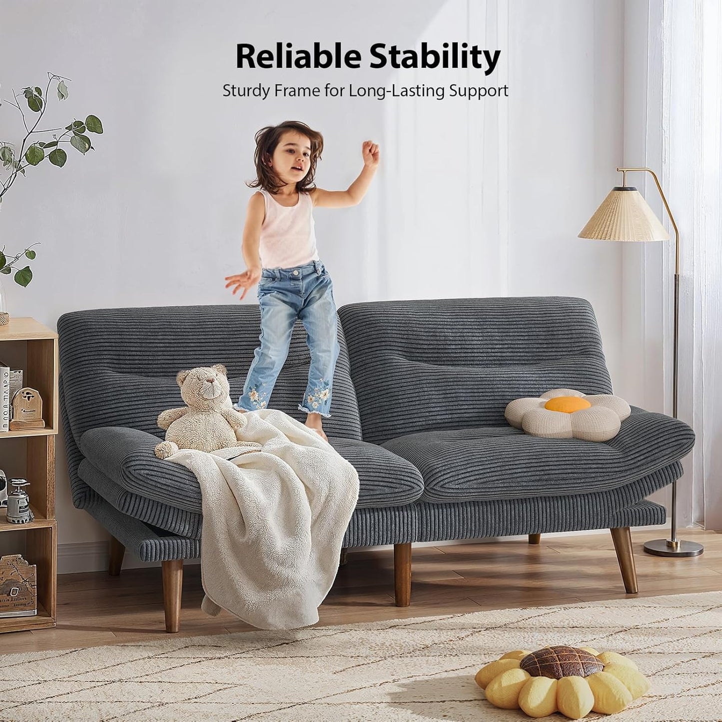 Pipishell Convertible Futon Sofa Bed,66" Corduroy Futon Couch with Adjustable Backrest and Armrests, Recliner Sleeper Sofa for Small Spaces, Play Room or Office, Grey