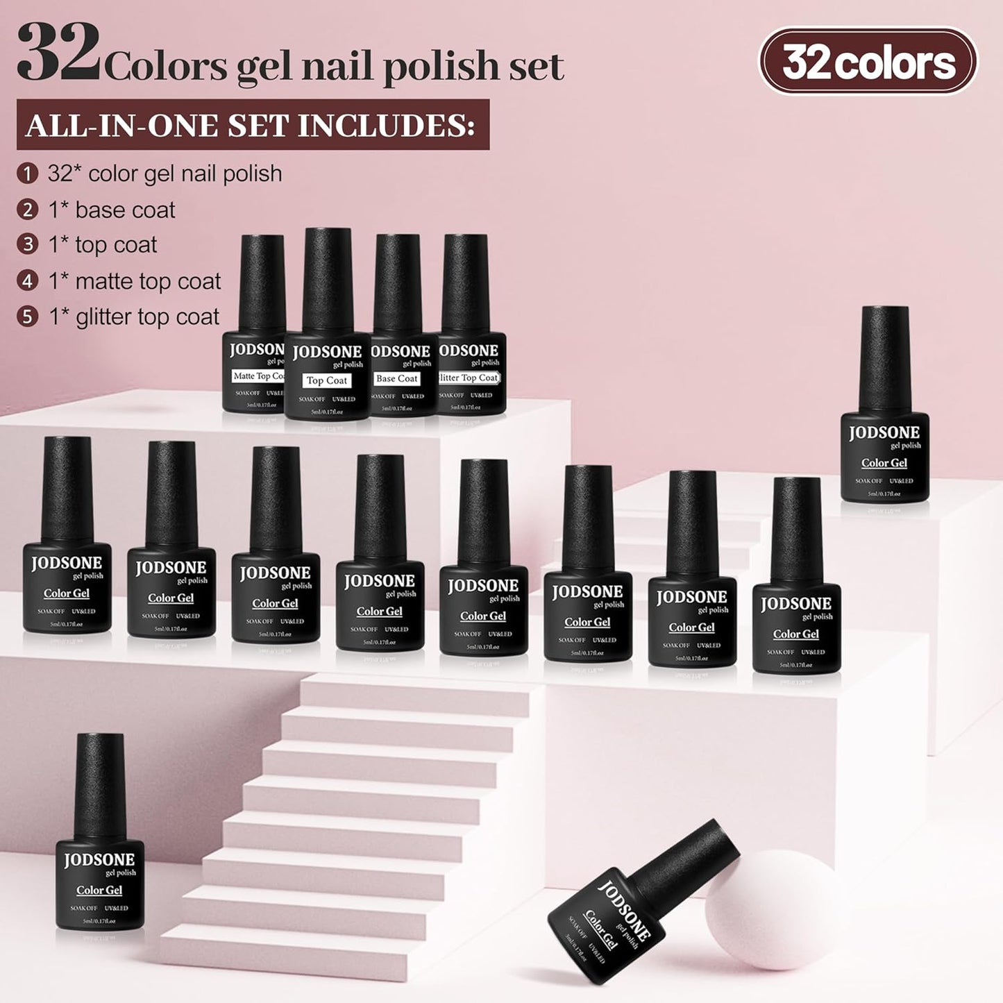 JODSONE 36 PCS Gel Nail Polish Set - 32 Colors, Base Coat, Top Coat, Gifts for Women - Cart Shape