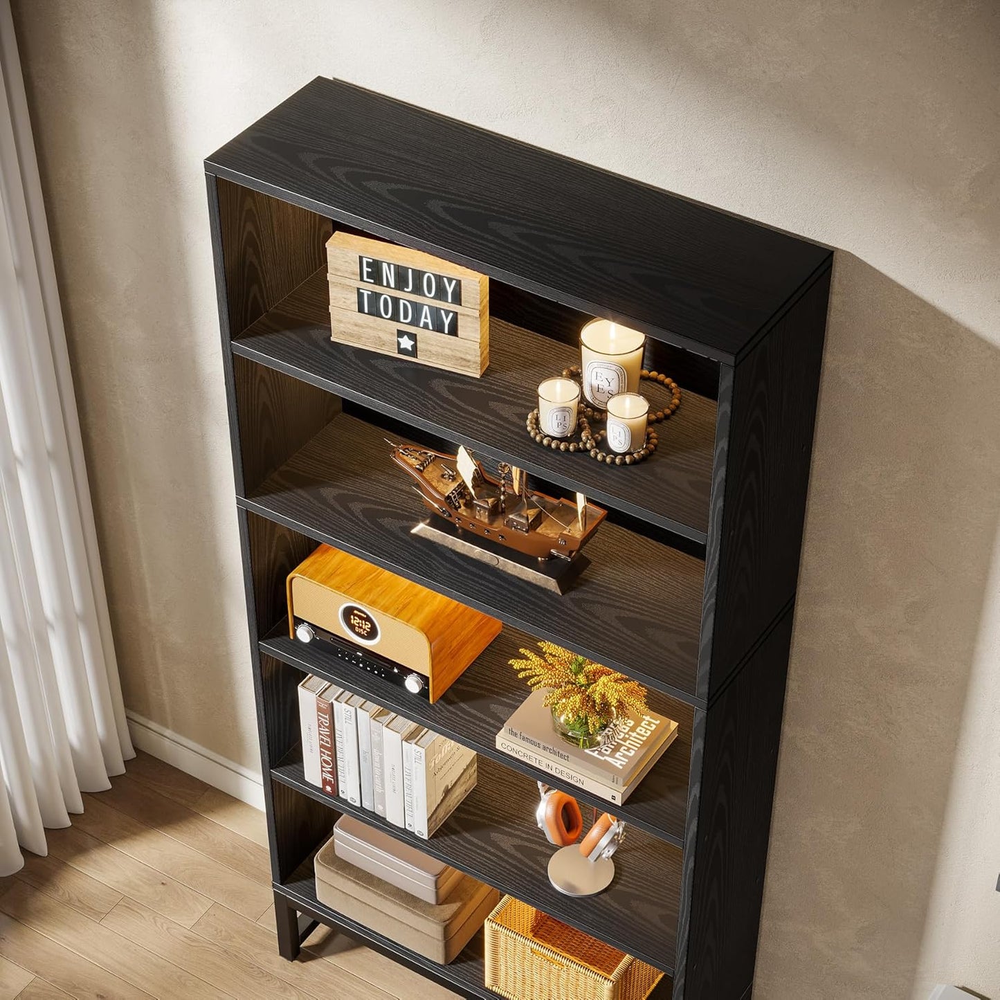 Tribesigns Tall Bookcase Black Bookshelf, 70.8” Large Bookcases Organizer with LED Lights, Heavy Duty Free-Standing Library Bookshelf with 5-Tier Storage Shelves for Living Room, Bedroom (Black)