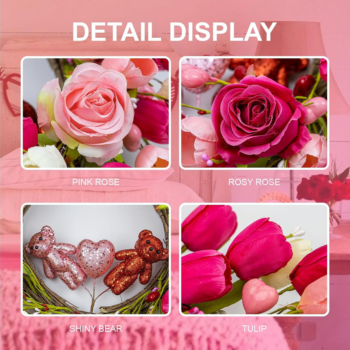 J'FLORU Valentines Day Decorations Romantic Valentines Day Gifts 22 Inch Valentine's Day Wreath with Lovely Bear Heart Roses Tulips for Valentine Party Anniversary Candlelight Dinner