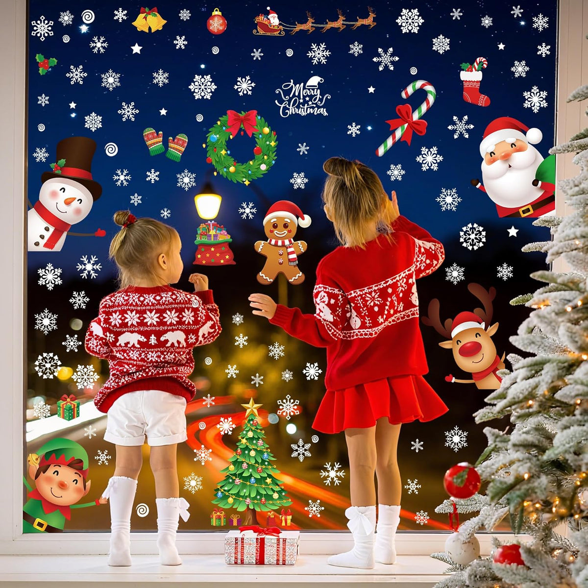 144 PCS Christmas Window Clings, Snowflake Window Clings for Stickers for Glass, Christmas Decorations Decals for Snowman Santa Claus Tree Reindeer Elf Winter Party Accessories Supplies Decor