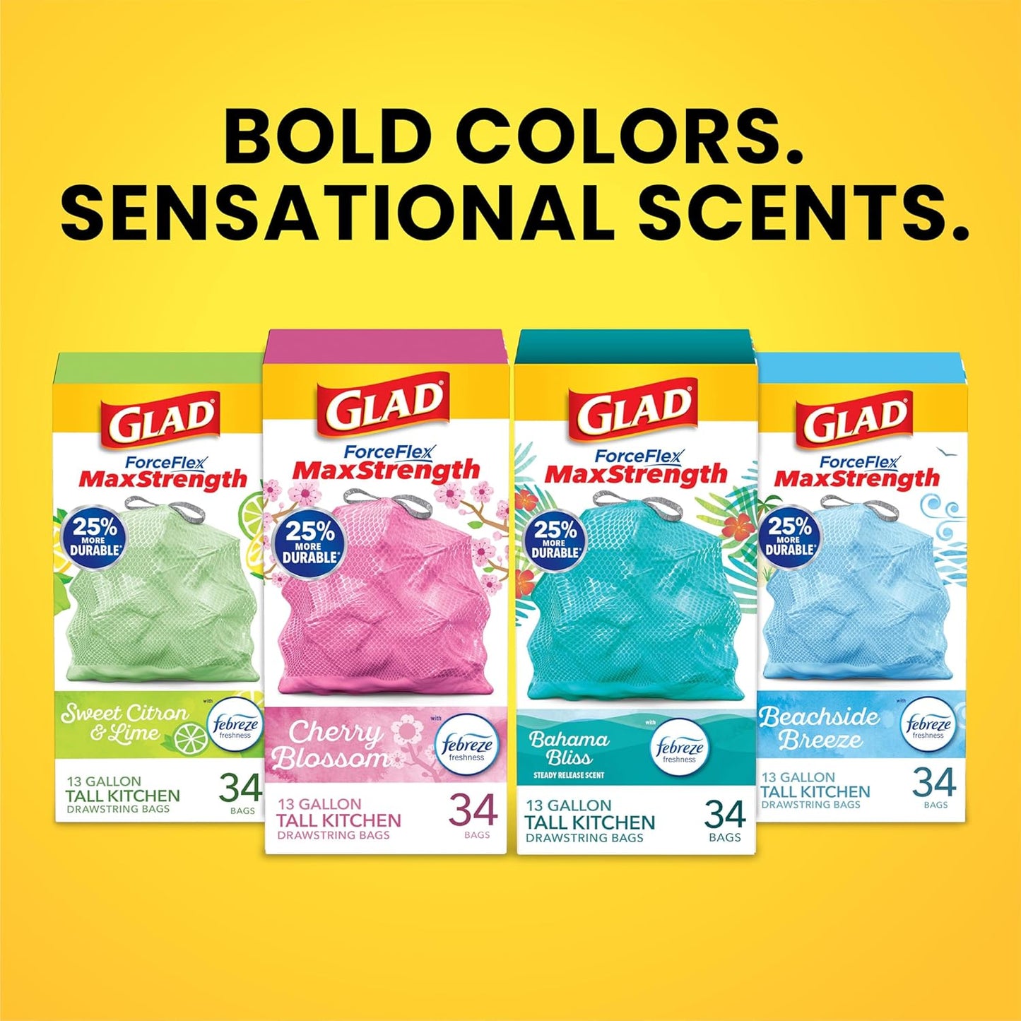 Glad ForceFlex MaxStrength Tall Kitchen Drawstring Trash Bags, 13 Gal, 90 Ct (Package May Vary)