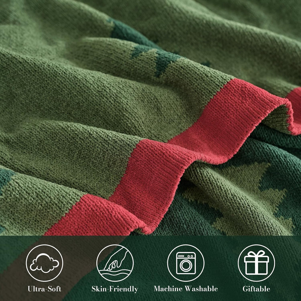 Amélie Home Christmas Throw Blanket for Couch, Reversible Pattern Christmas Tree Themed, Chenille Knit Xams Soft Cozy for Bed Home Decor Gift for Family, 50" x 60", Christmas Tree