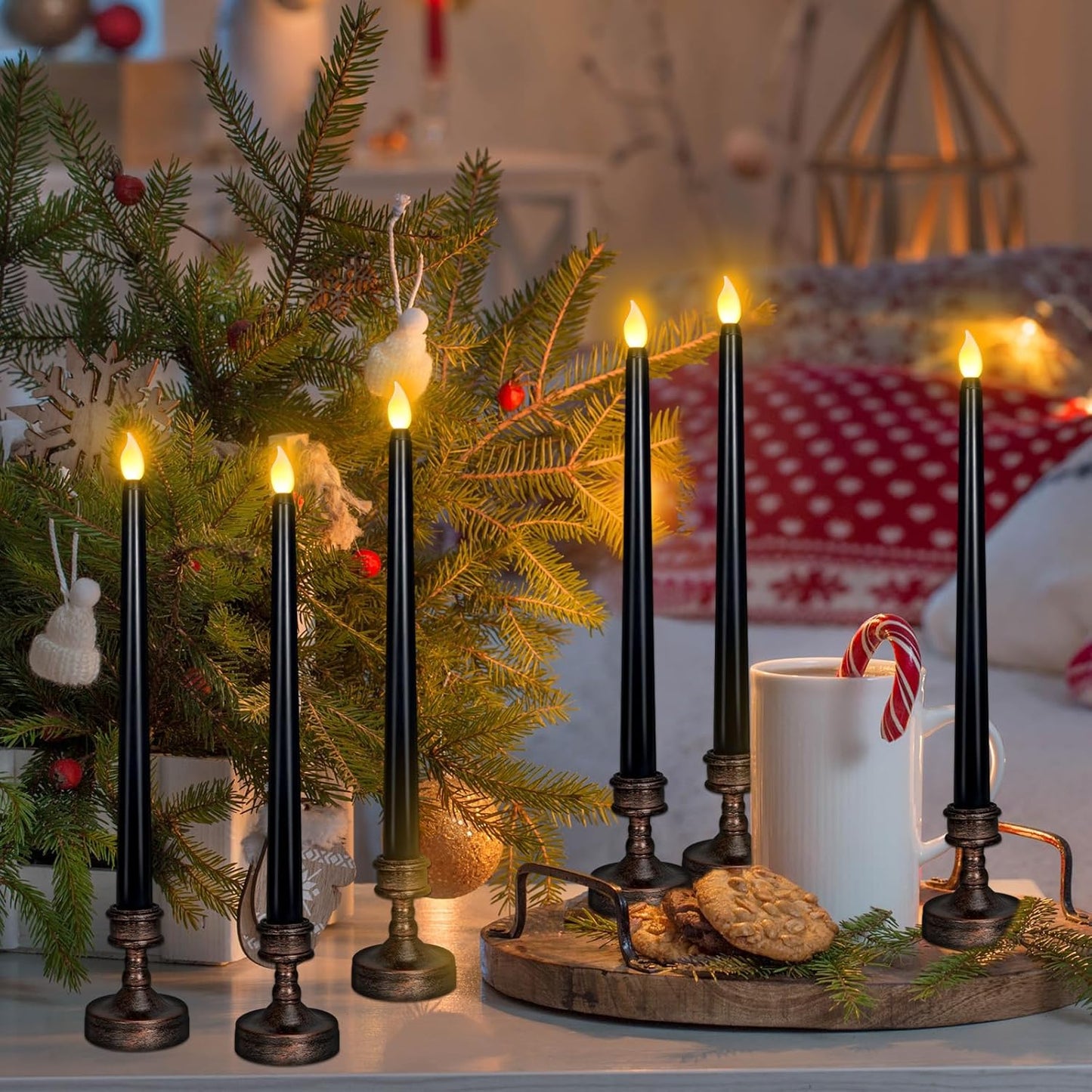 YUNVI Sets of 8 Black Halloween Candles,Flameless Taper Candles with Base,LEDs Candlesticks,Plastic Flickering Flameless Candles for Halloween Fireplace