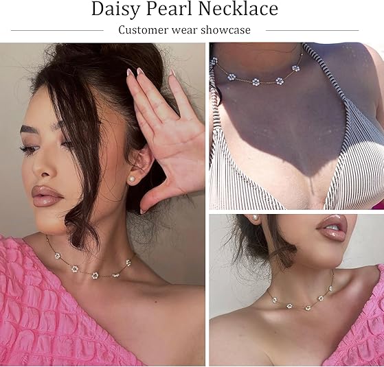 SmileBelle Pearl Necklaces for Women, Daisy Pearl Choker as Valentines Day Gifts for Teens, Silver Daisy Pearls Jewelry Trendy Stuff Birthday Gifts 3 Pearls White Necklace as Wedding Jewelry