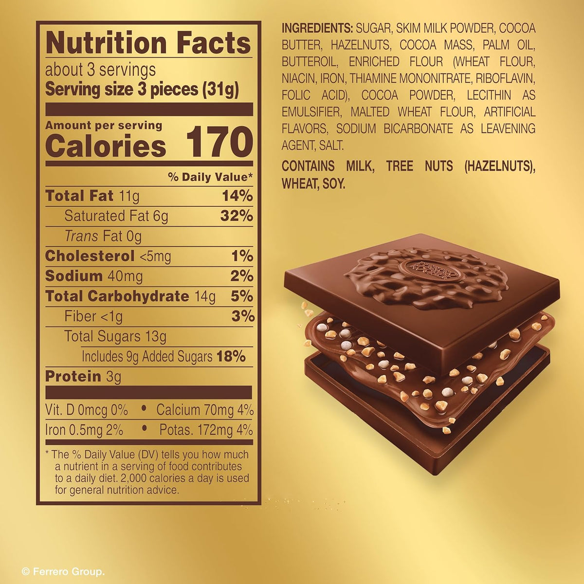 Ferrero Rocher Premium Hazelnut Milk chocolate squares, Chocolate Gifts, 10 Pieces, 3.7 oz