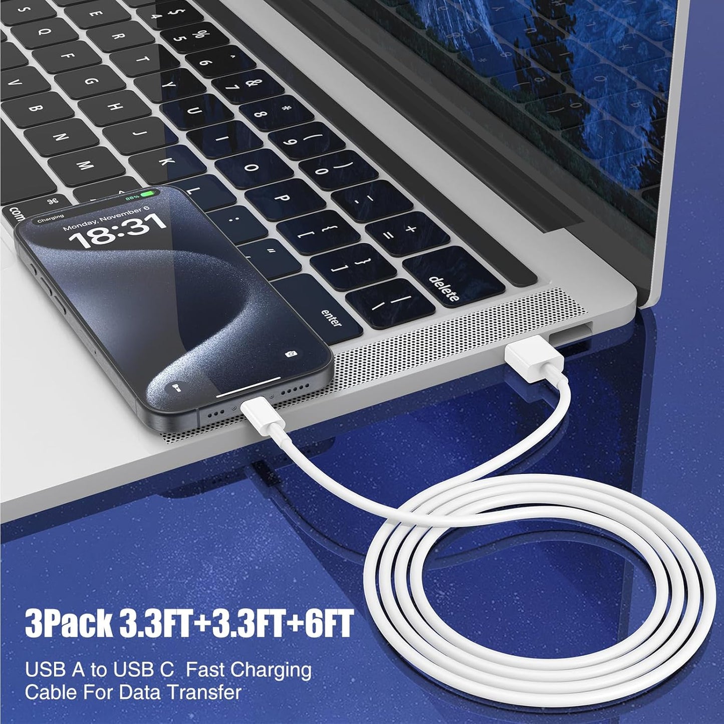 Car Carplay Cable for iPhone 17 16 15 Pro Plus Pro Max Air,3-Pack 3.3FT+3.3FT+6FT USB A to USB C Cable for iPhone 17 16 15,for iPad Pro/Air/Mini,for Galaxy S25 S24,for MacBook Pro/Air and More