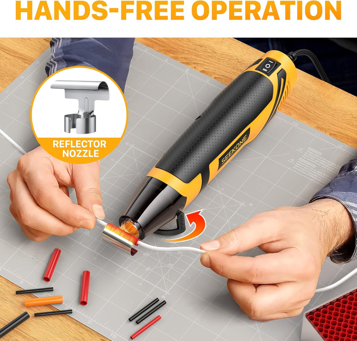 SEEKONE Mini Heat Gun, 350W 2-Temp Settings 500℉ & 842℉(260℃& 450℃) Fast Heat Hot Air Gun Tool with Reflector Nozzle and 4.9Ft Long Cable Overload Protection for Crafting, Vinyl Wrap and Shrink Tubing