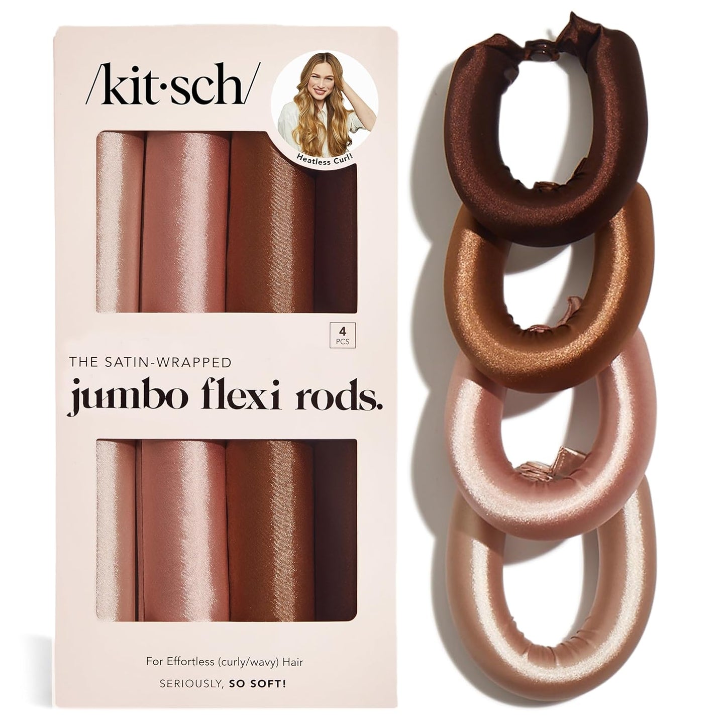 Kitsch Satin Hair Curlers, Heatless Curling Rod - Jumbo Flexi Rod, Heatless Hair Curler - Hair Curlers to Sleep In - No Heat Overnight Curls - For All Hair Types and Texture - 4pcs Rosewood
