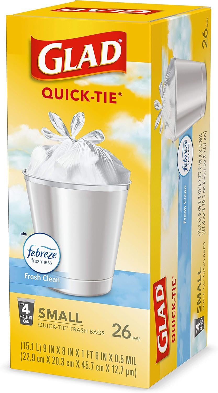 Glad Small Trash Bags 4 Gallon, Febreze Fresh Clean Garbage Bags, Odor Resistant with Quick Tie, 26 Count