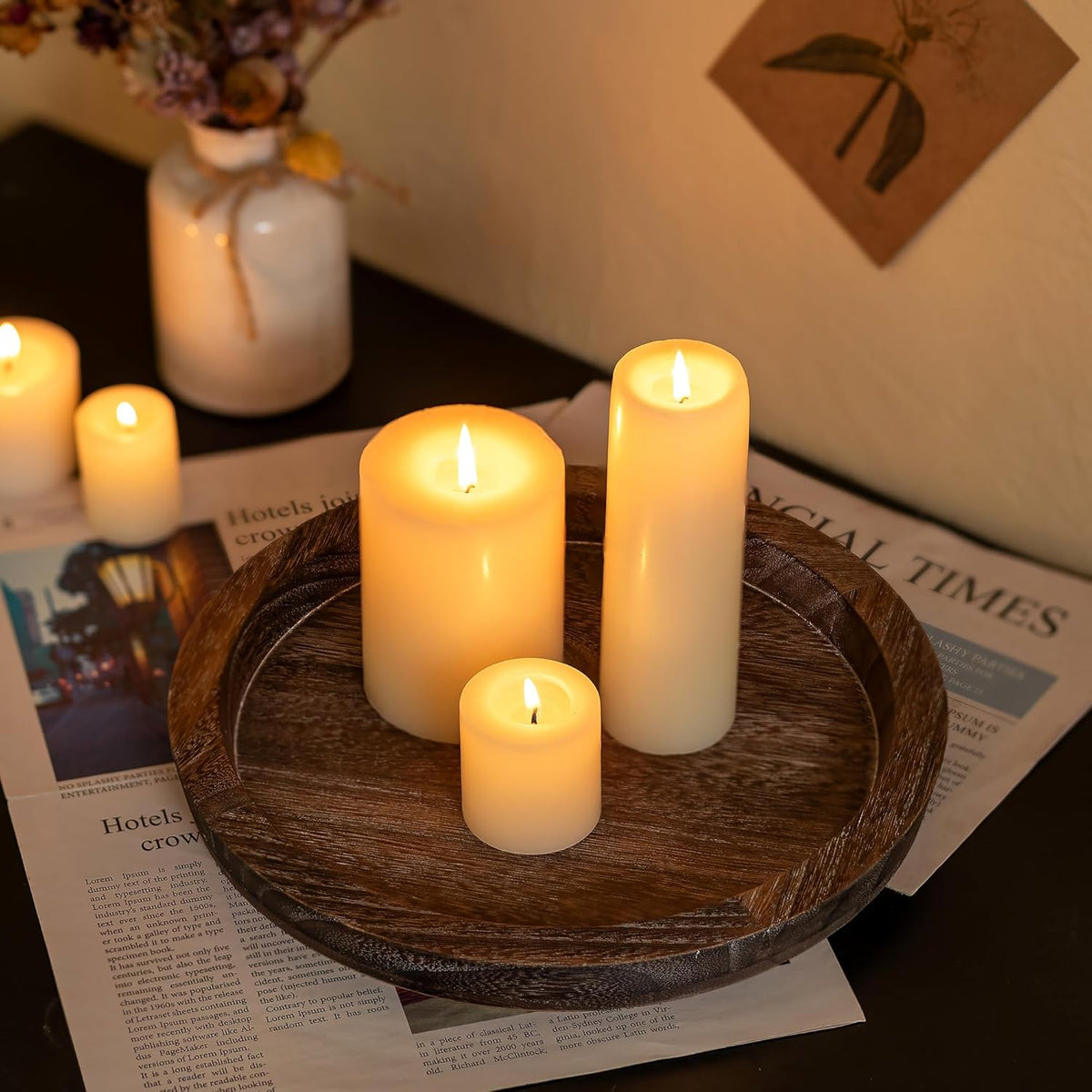 Hanobe Candle Plate Holder Tray: Round Wooden Decorative Candle Plate Small Farmhouse Table Centerpiece Rustic Wood Tealight Pillar Trays for Christmas Wedding Halloween Home Decor
