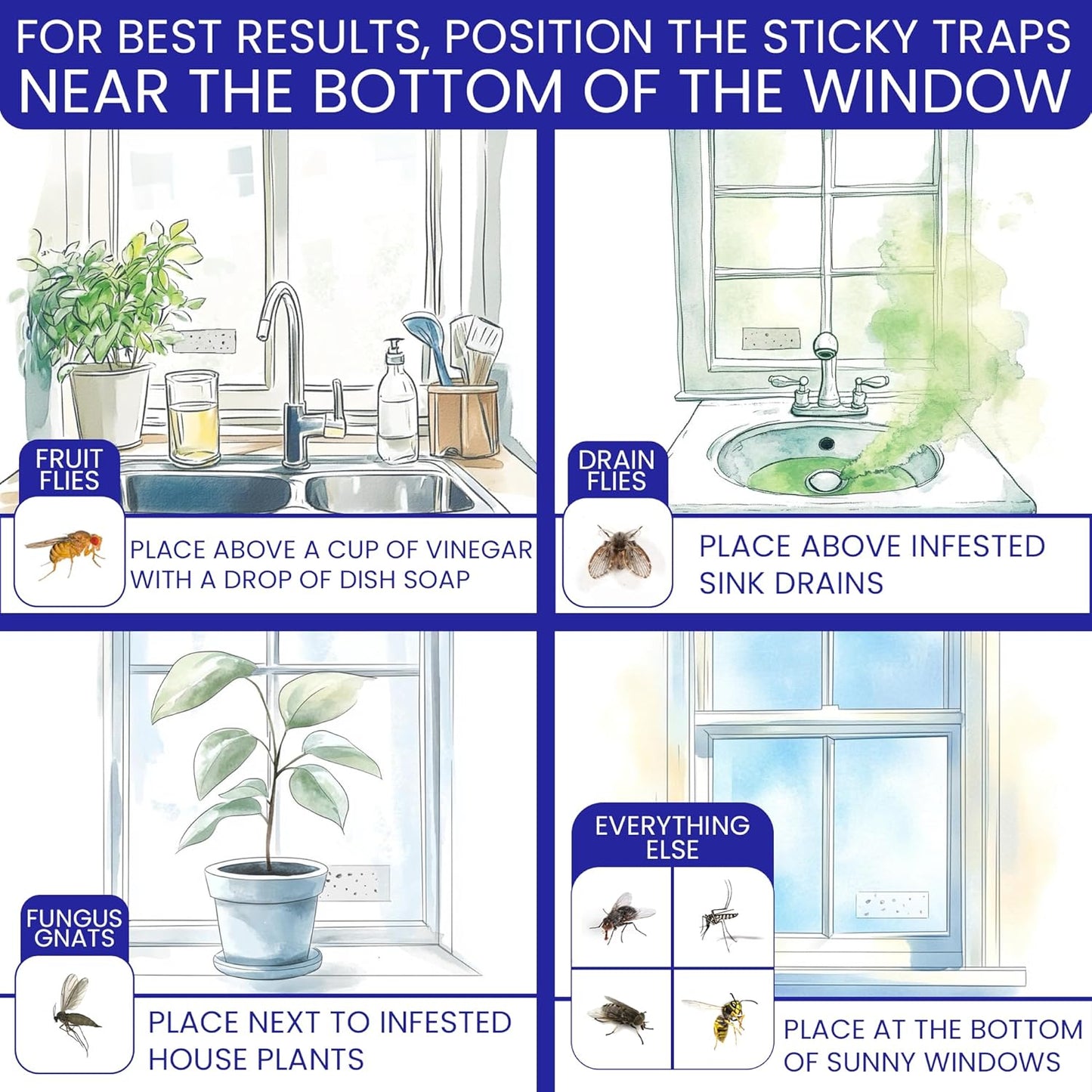 50 Window Fly Traps Sticky Non-Toxic Clear Fly Paper Indoor for Home. No Mess Flies Window Sticky Traps Bug Flies Strips Indoors. Fruit and Housefly Trap Indoor Flypaper Tape Gnat Catcher Killer