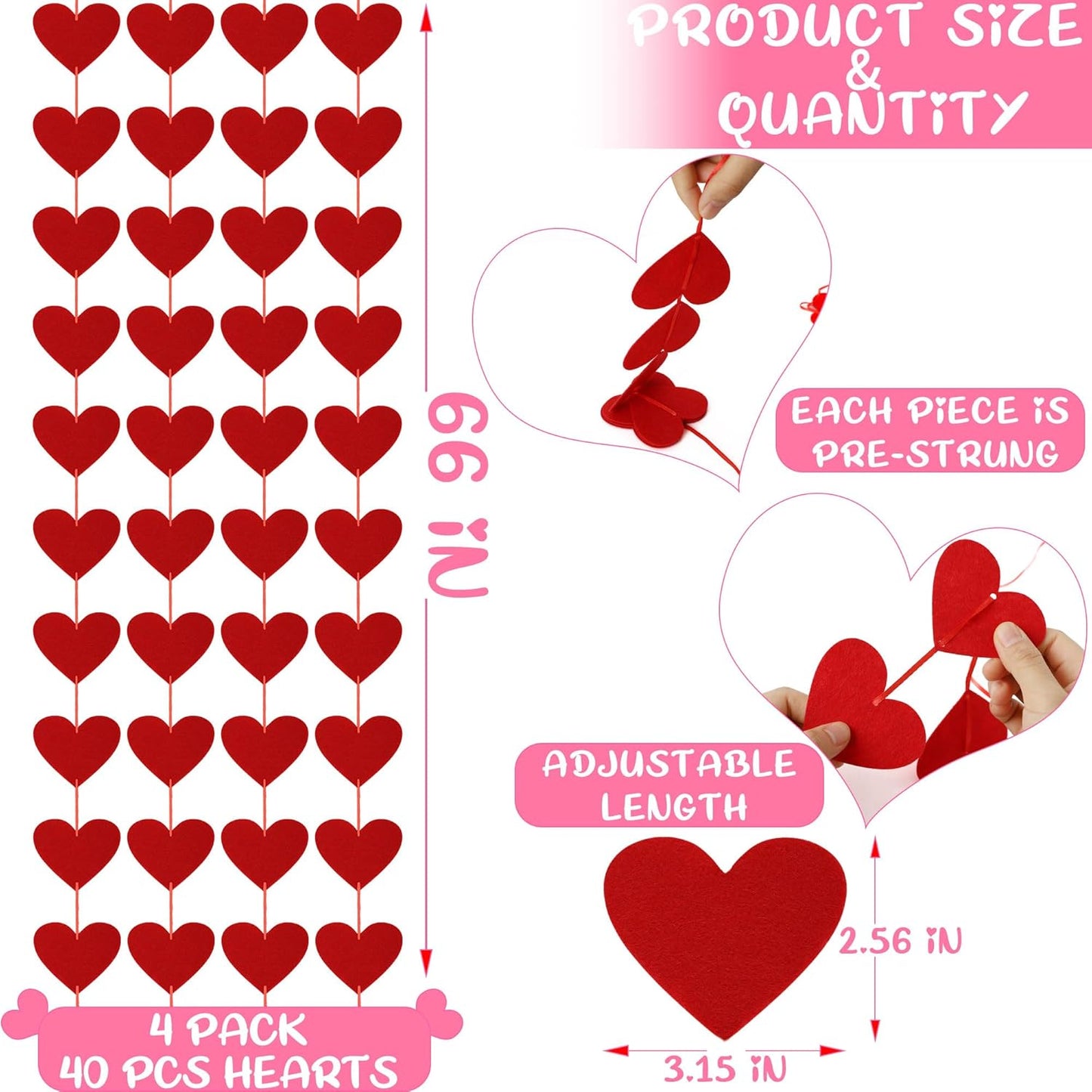 40PCS Valentines Day Decor, Red Heart Banner with Felt Hearts, Hanging Valentines Day Decoration Indoor Outdoor Valentine's Day Party Banner for Wall Fireplace Office Home Decor