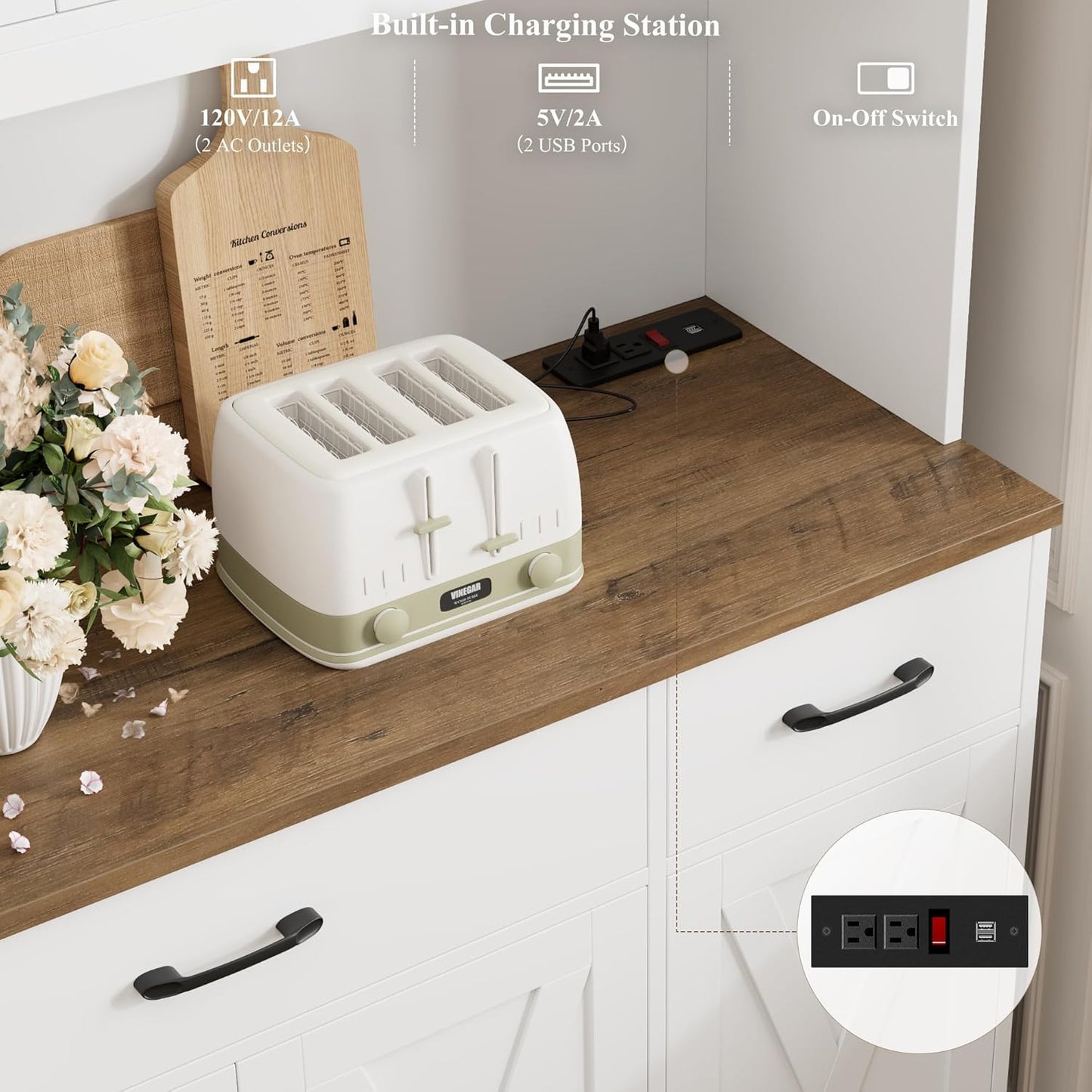 HOSTACK 71" Tall Kitchen Pantry Storage Cabinet with Charging Station, 55" Wide Kitchen Hutch Cabinet with Large Countertop, Farmhouse Food Pantry with Drawers for Living Room, White