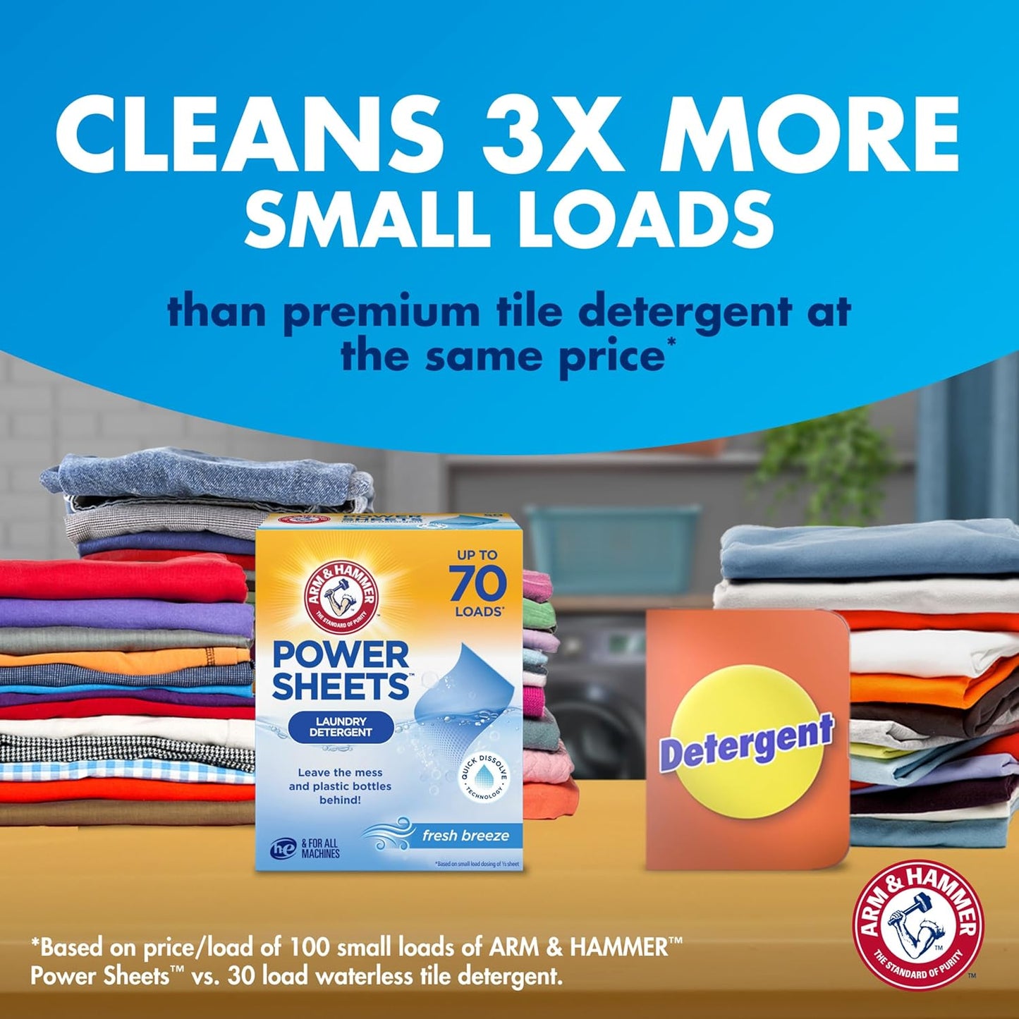 ARM & HAMMER Power Sheets Laundry Detergent, Fresh Breeze Scent, Dissolves in All Wash Temps, Lightweight and Travel-Ready, 60ct, Up to 120 Small Loads
