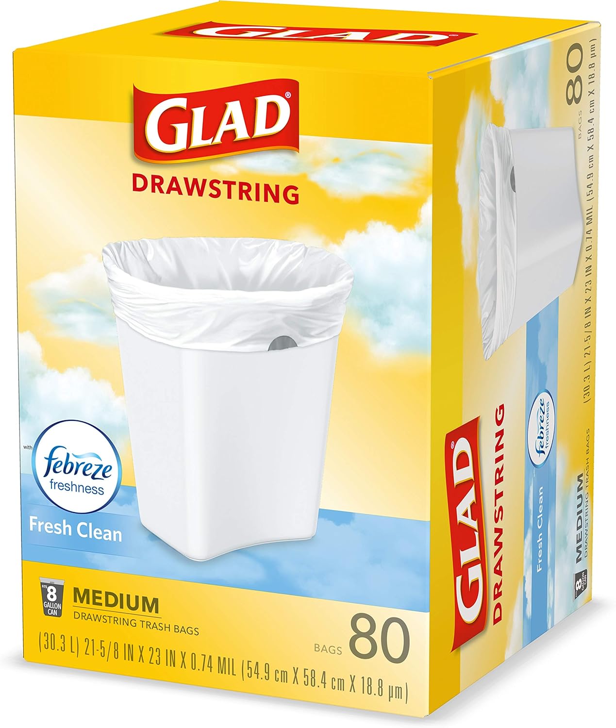 Glad Medium Kitchen Drawstring Trash Bags, 8 Gal, Fresh Clean Scent, 80 Ct (Package May Vary)