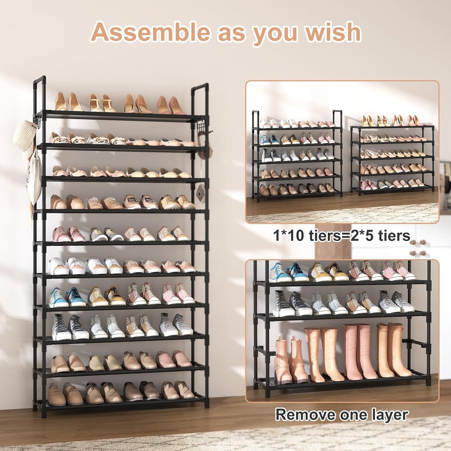 10-Tier Shoe Rack for Closet & Entryway – 50 Pair Large Capacity Shoe Organizer with Hooks & Anti-Fall Rails – Metal Frame Storage Shelf for Bedroom, Apartment, Hallway