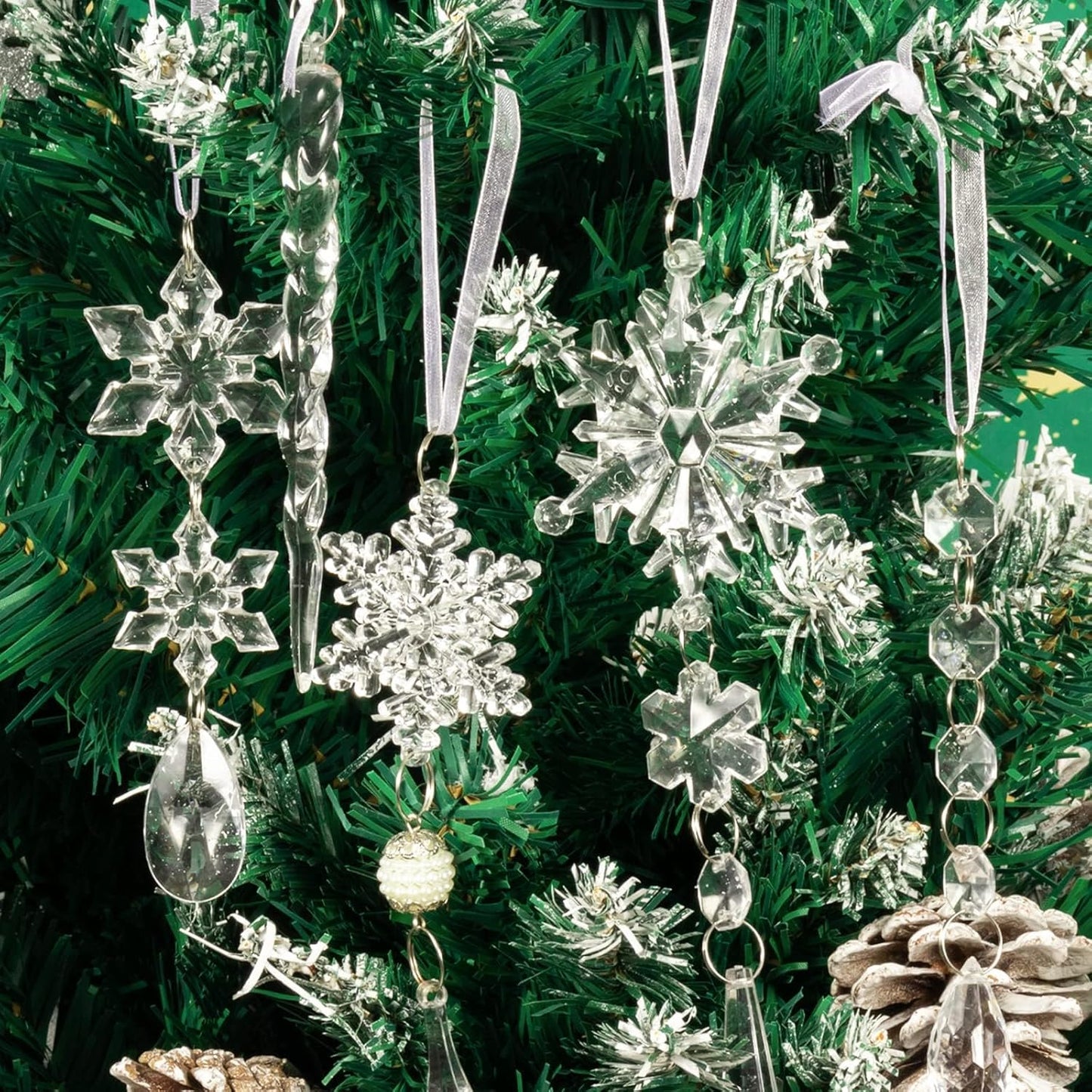 18PCS Crystal Christmas Ornaments – Clear Snowflake & Icicle Tree Decorations, Hanging Acrylic Ornaments for Xmas Tree, Winter Wedding, Holiday & New Year Party Décor