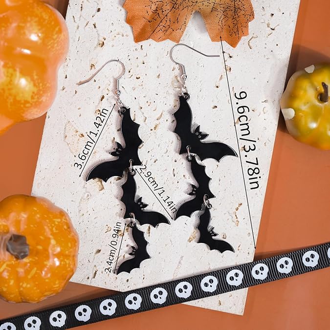 Acrylic Halloween Earrings Black Skull Bat Drop Dangle Earrings for Women Fun Cute Spooky Halloween Holiday Costume Jewelry