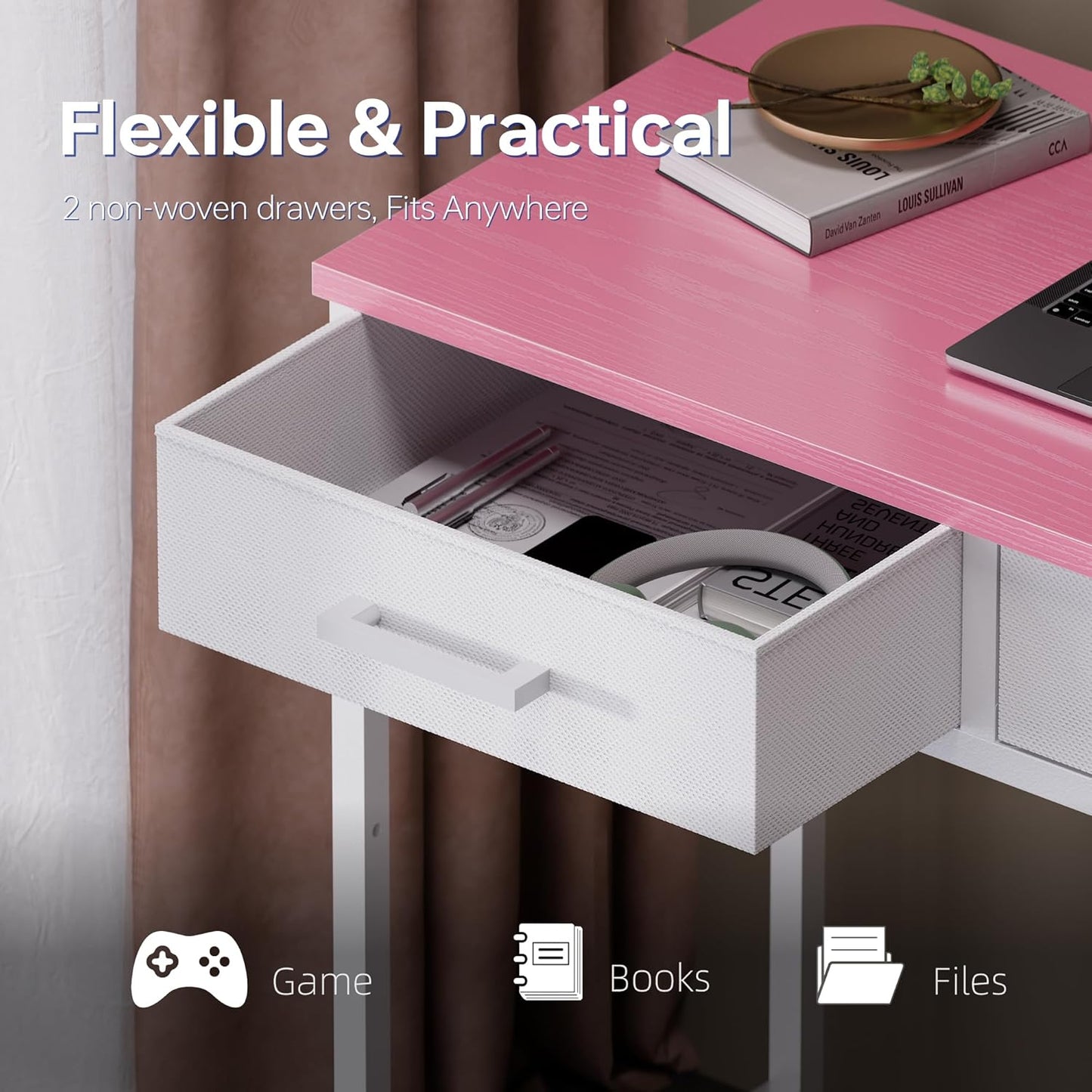 Pamray 32 Inch Small Computer Desk with 2 Drawers for Bedroom Study Writing Home Office Table for Small Spaces Pink