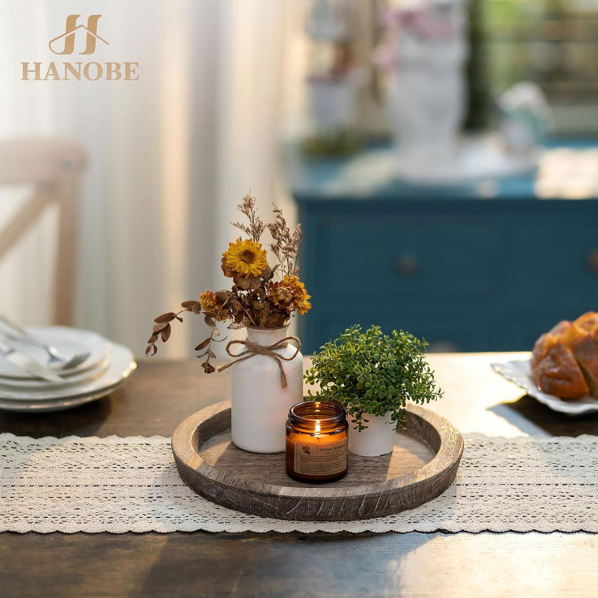 Hanobe Candle Plate Holder Tray: Round Wooden Decorative Candle Plate Small Farmhouse Table Centerpiece Rustic Wood Tealight Pillar Trays for Christmas Wedding Halloween Home Decor