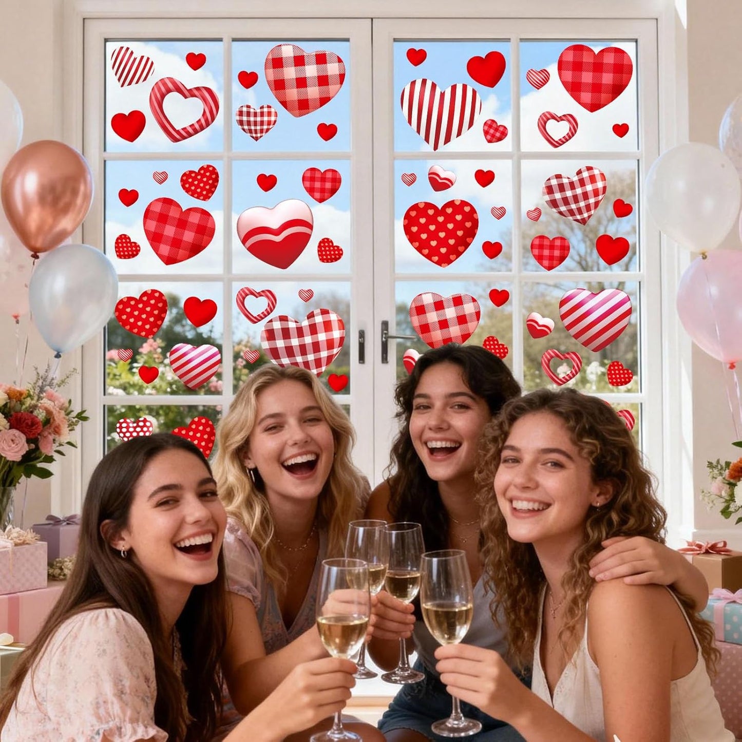 9 Sheets Valentines Day Window Clings Decor, Cute Heart Stickers for Galentines Day Decorations, Decals for Home Office Glass Windows