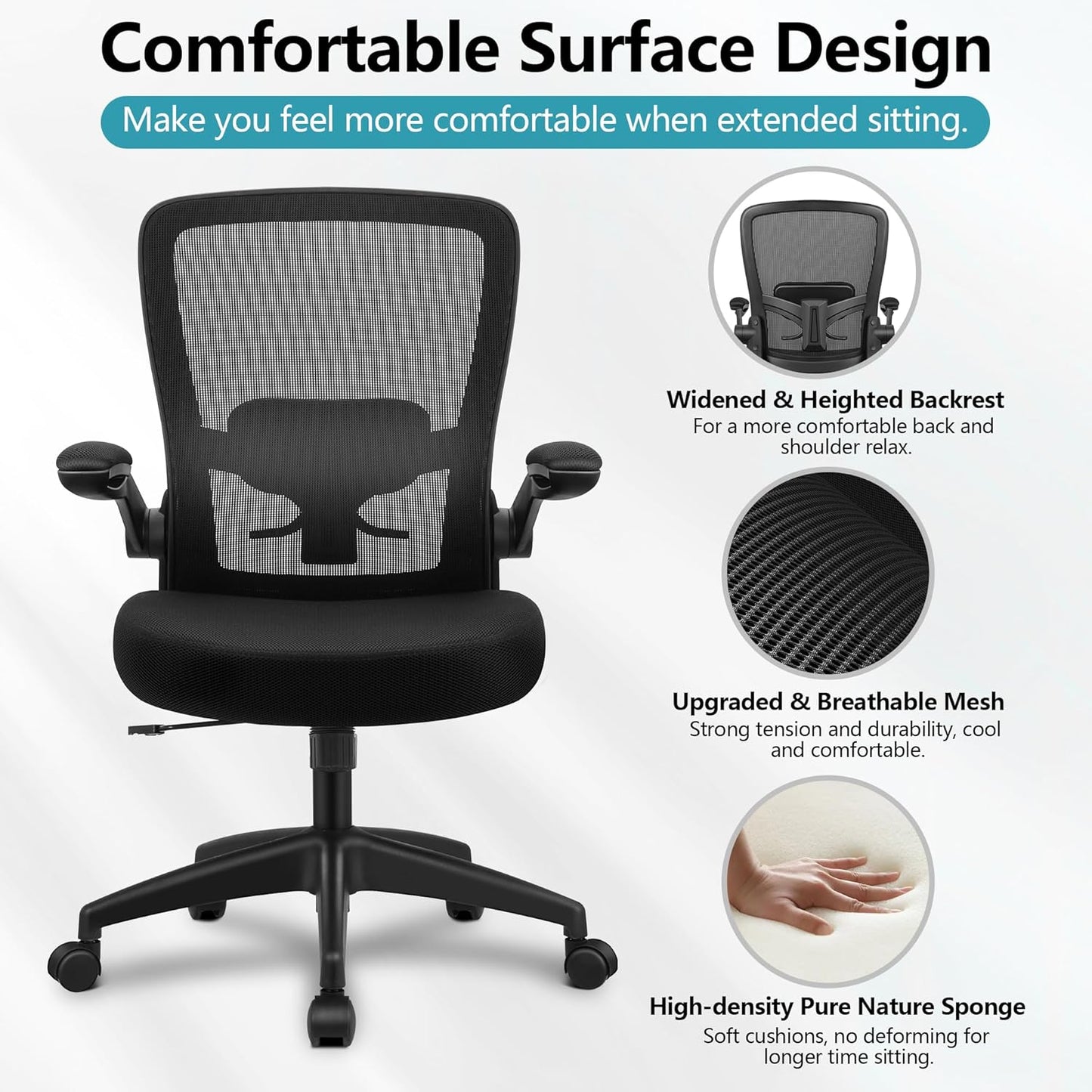 FelixKing Office Chair, Ergonomic Desk Chair Breathable Mesh Chairs Adjustable High Back Lumbar Support Flip-up Armrests, Executive Rolling Swivel Comfy Computer Chairs Home Office Black