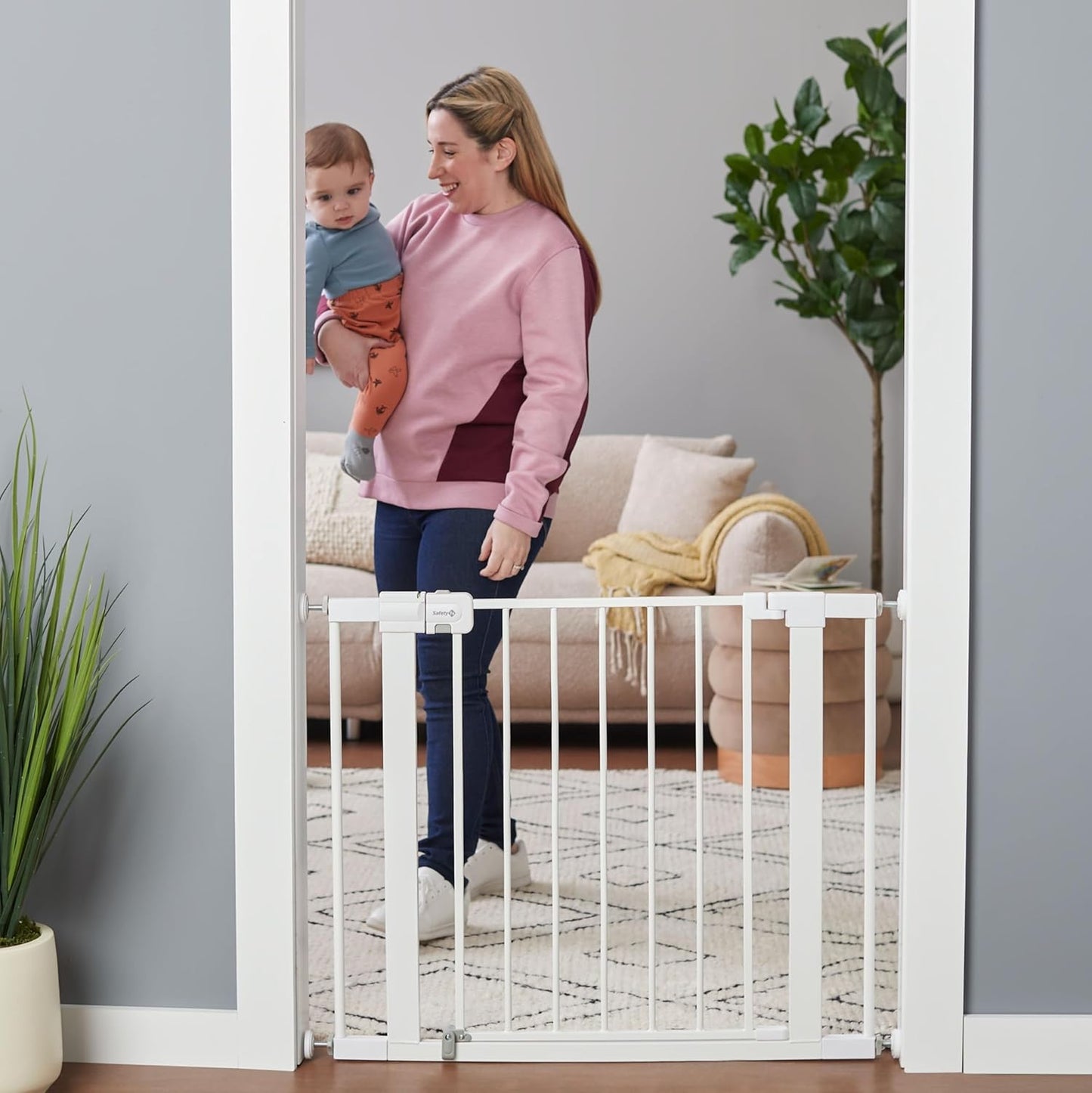 Safety 1st Easy Install Walk-Thru Baby Gate with Door – White, 28” Tall, Fits 29”–38” Doorways