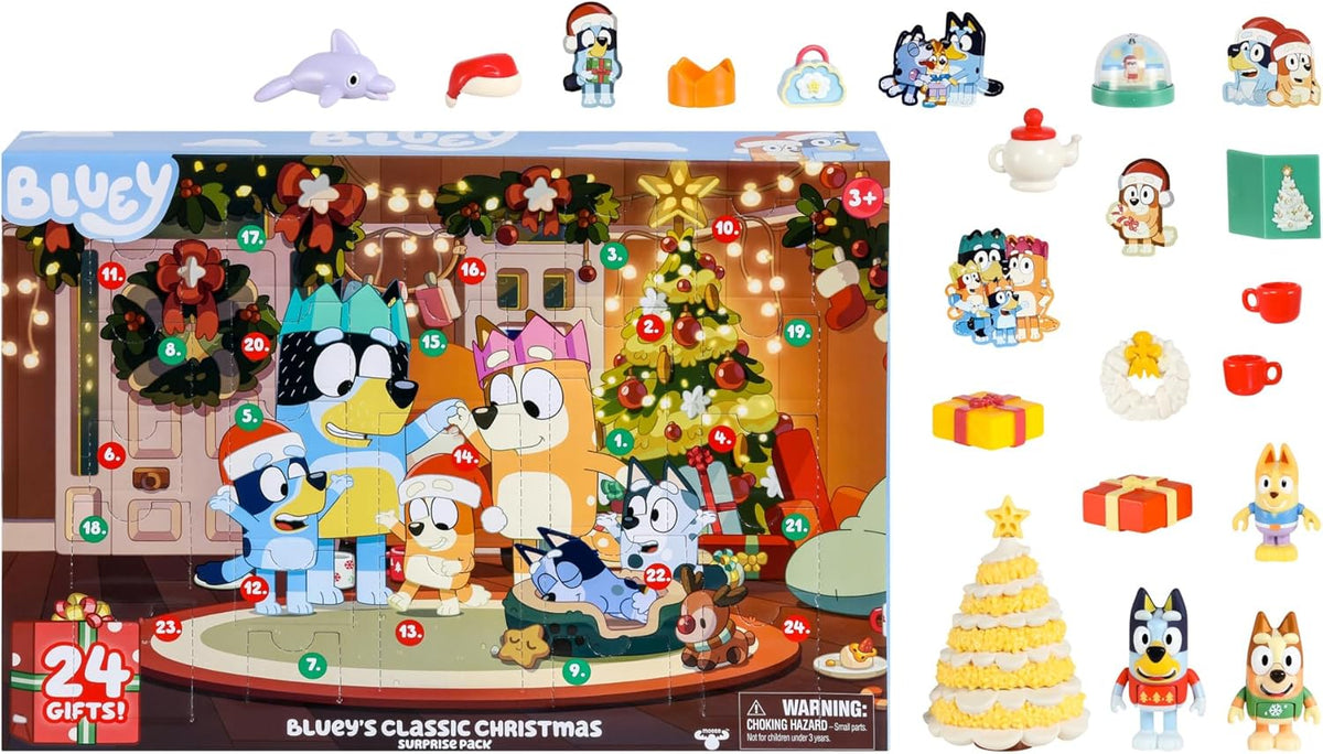 Bluey Toys for Girls and Boys, 24 Days of Surprises, Kids Advent Calendar w/Accessories, Stickers & Mini Christmas Tree