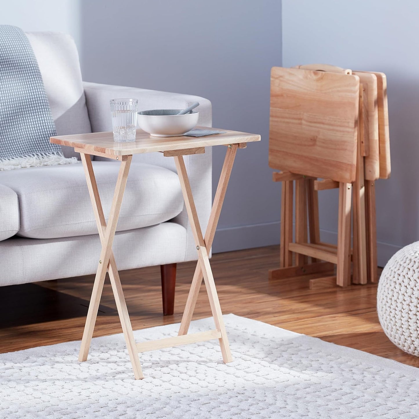 Foldable TV Dinner Tray Table with Storage Rack, 14.6 L x 19 W x 26 H inch, Natutral, 4-Pack