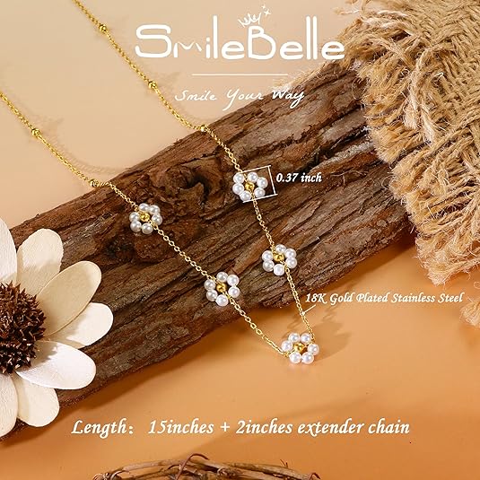SmileBelle Pearl Necklaces for Women, Daisy Pearl Choker as Valentines Day Gifts for Teens, Silver Daisy Pearls Jewelry Trendy Stuff Birthday Gifts 3 Pearls White Necklace as Wedding Jewelry