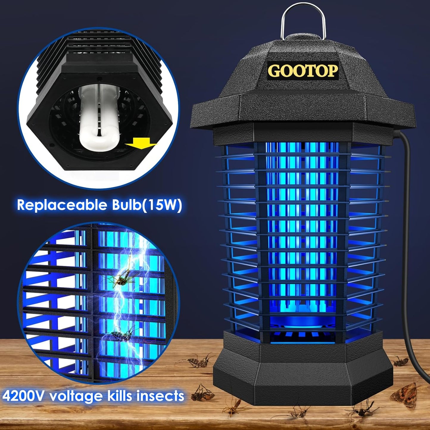 GOOTOP Bug Zapper Outdoor, Mosquito Zapper, Electric Fly Zapper, Mosquito Killer, Fly Traps, 3 Prong Plug, Flying Insects Zapper Indoor Outdoor 90-130V, 4200V, ABS Plastic Outer (Black)