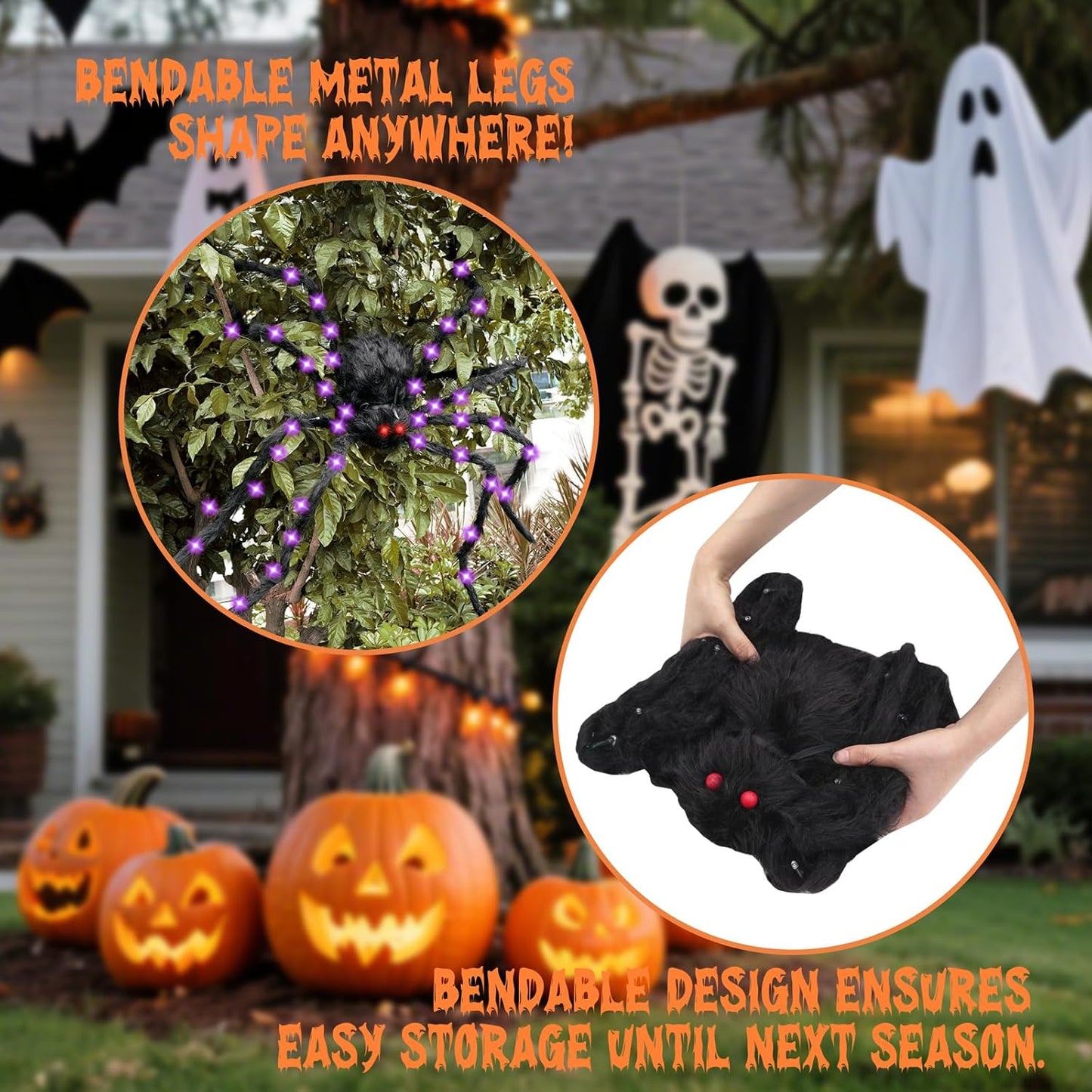 Halloween Decorations Giant Spider - Large Light Up Spider 78IN 44 Purple Lights & 2 Red Eyes, Bendable Metal Legs, 8 Light Modes, Timer - Halloween Decor for Outdoor Yard Party Haunted House