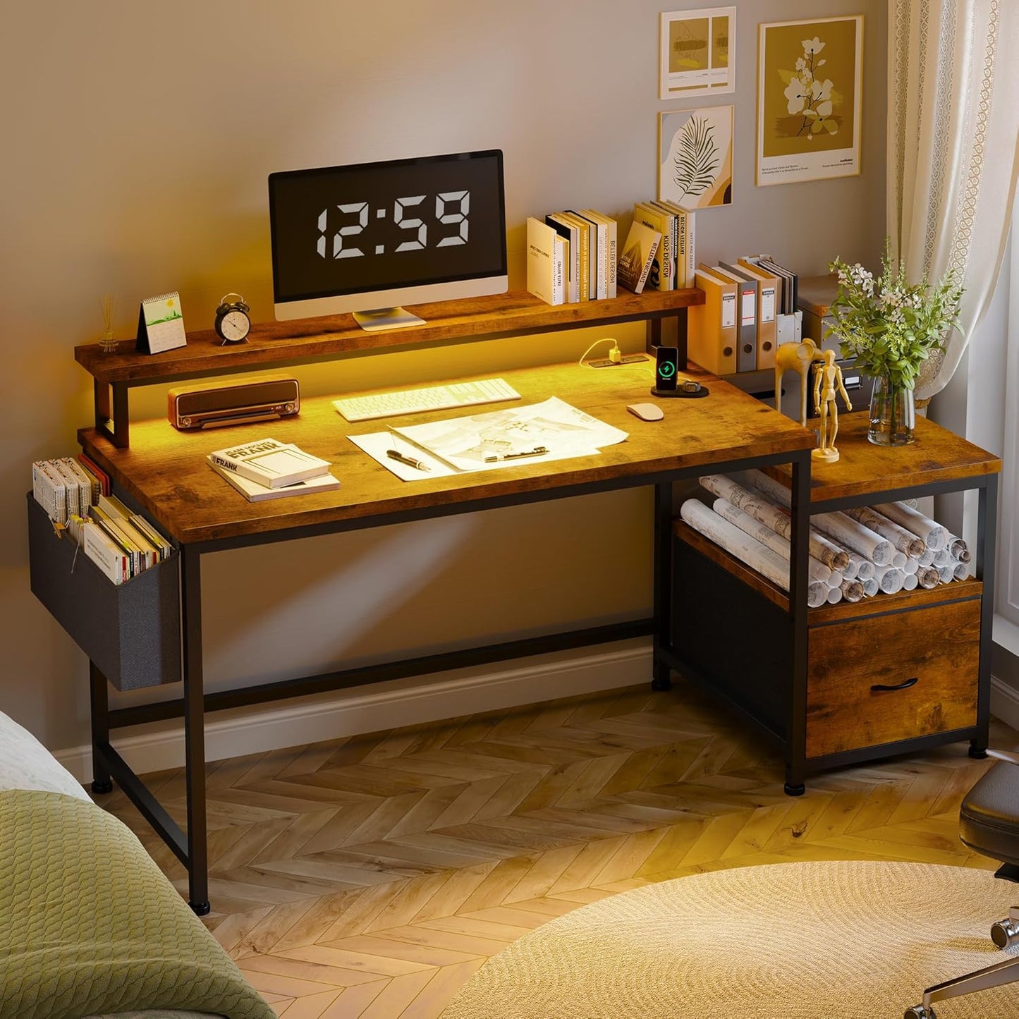 EnHomee 57" Office Desk with Drawers and Printer Space,Computer Desk with Power Outlets,Home Office Desks with File Drawers Cabinet,Study and Gaming Desk with Shelves Monitor Stand,Rustic Brown