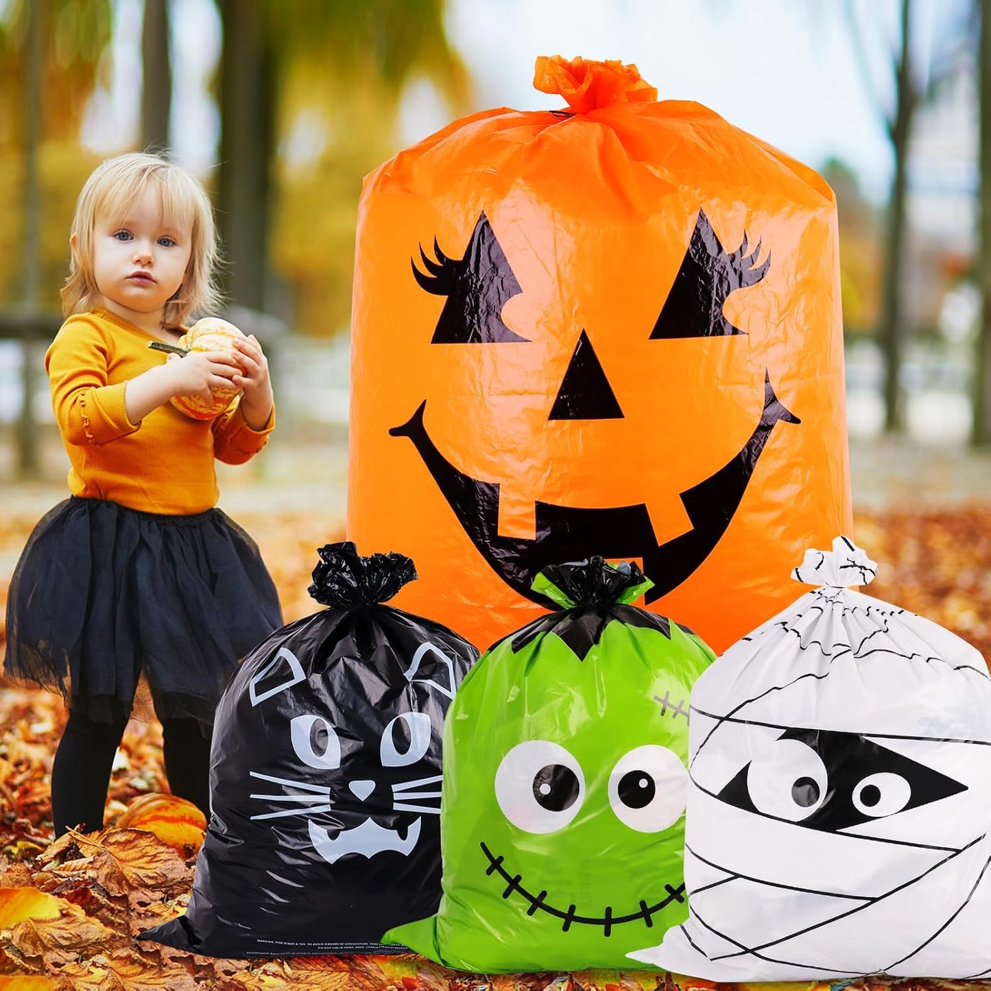 POPGIFTU 12 Pack Halloween Lawn Leaf Bags - Heavy Duty Plastic Trash Bags with Twist Ties, 6 Designs Large Pumpkin Yard Waste Bags for Garden, Lawn, Porch, Indoor Outdoor Halloween Decorations