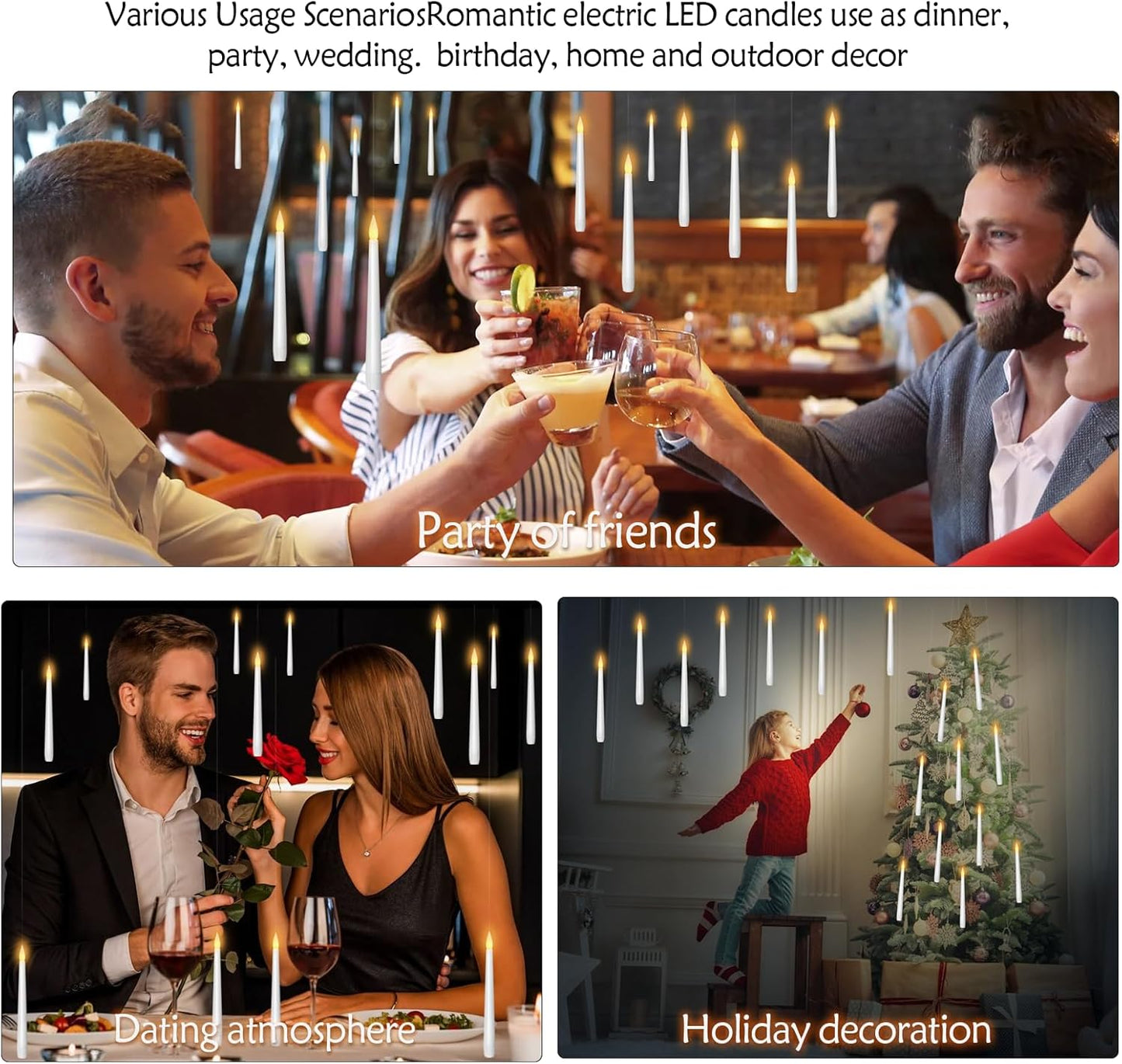 Flameless Floating Candles with Wand,20 Pcs Magic LED Hanging Taper Candles,Flickering Battery Operated Taper Candle with Wand Remote for Halloween Decorations Best Gift(White)