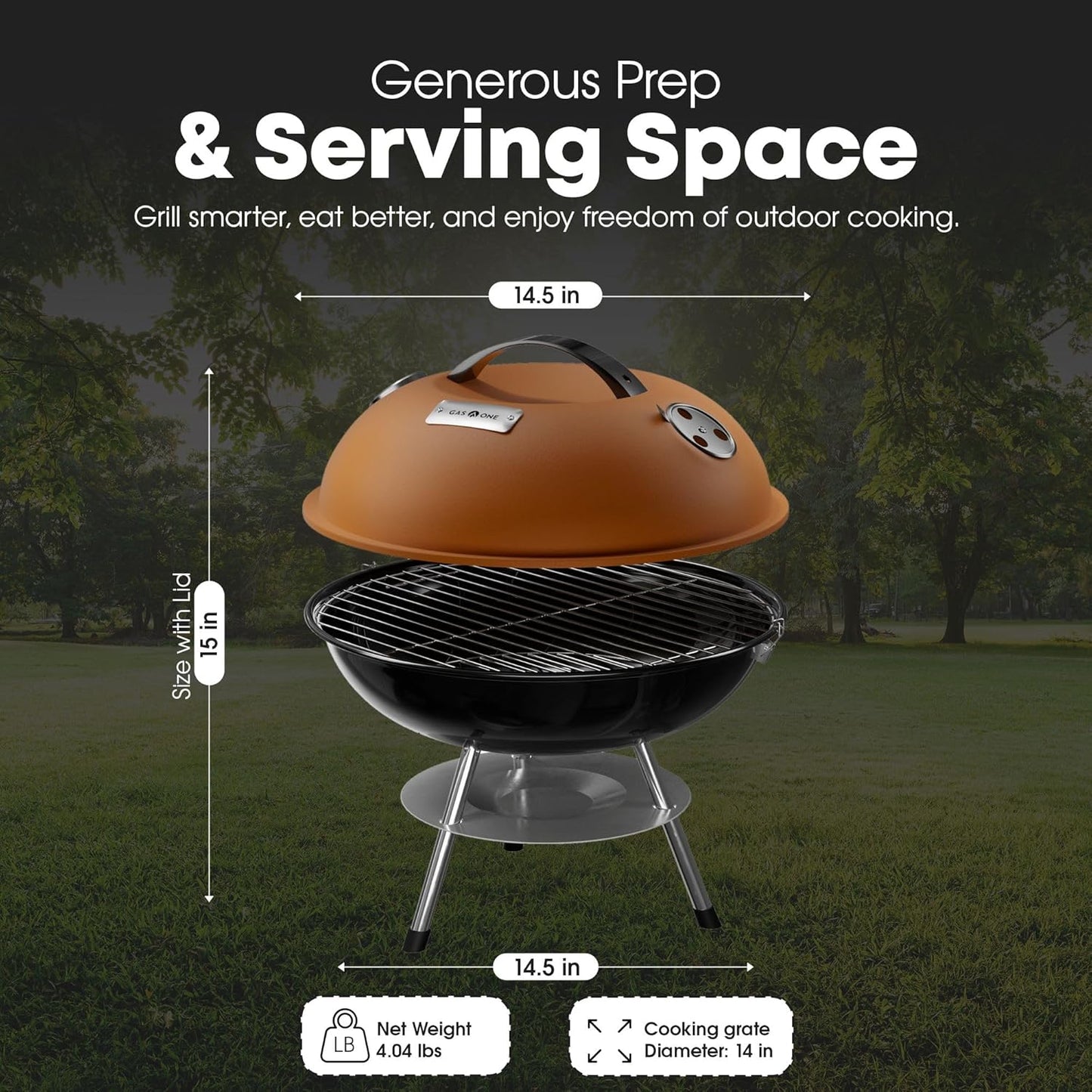 GasOne CG-14T – 14-inch Portable Barbecue Grill with 3-Point Locking Lid for Heat Preservation – Dual Venting System – Small Charcoal Grill for Backyard, Camping, Boat