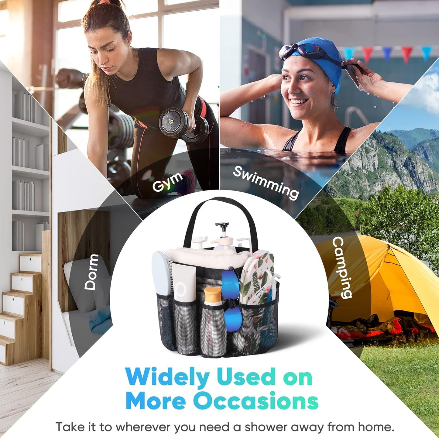 Mesh Shower Caddy Portable for College Dorm Room Essentials, 8-Pocket Large Capacity Shower Bag for Beach, Swimming, Gym