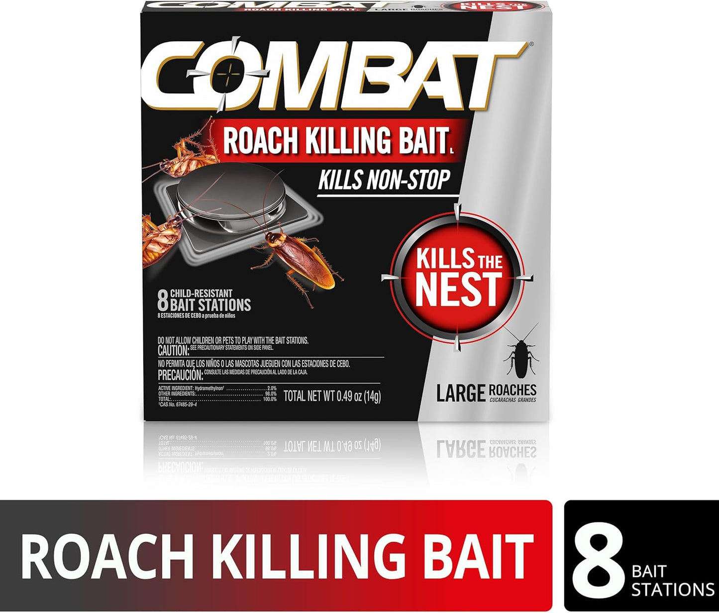 Combat Roach Killing Bait, Roach Bait Station For Large Roaches, Kills The Nest, Child-Resistant, 8 Count,Insects