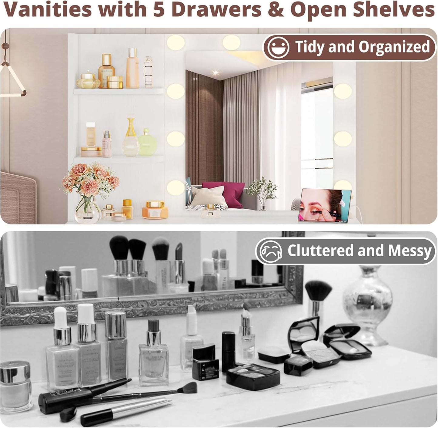 IRONCK Vanity Desk with Mirror and Lights, Small Makeup Vanity Table with 5 Drawers, Power Outlet, and Vanity Stool, 3 Lighting Colors, Dressing Table for Women Girls Bedroom, White