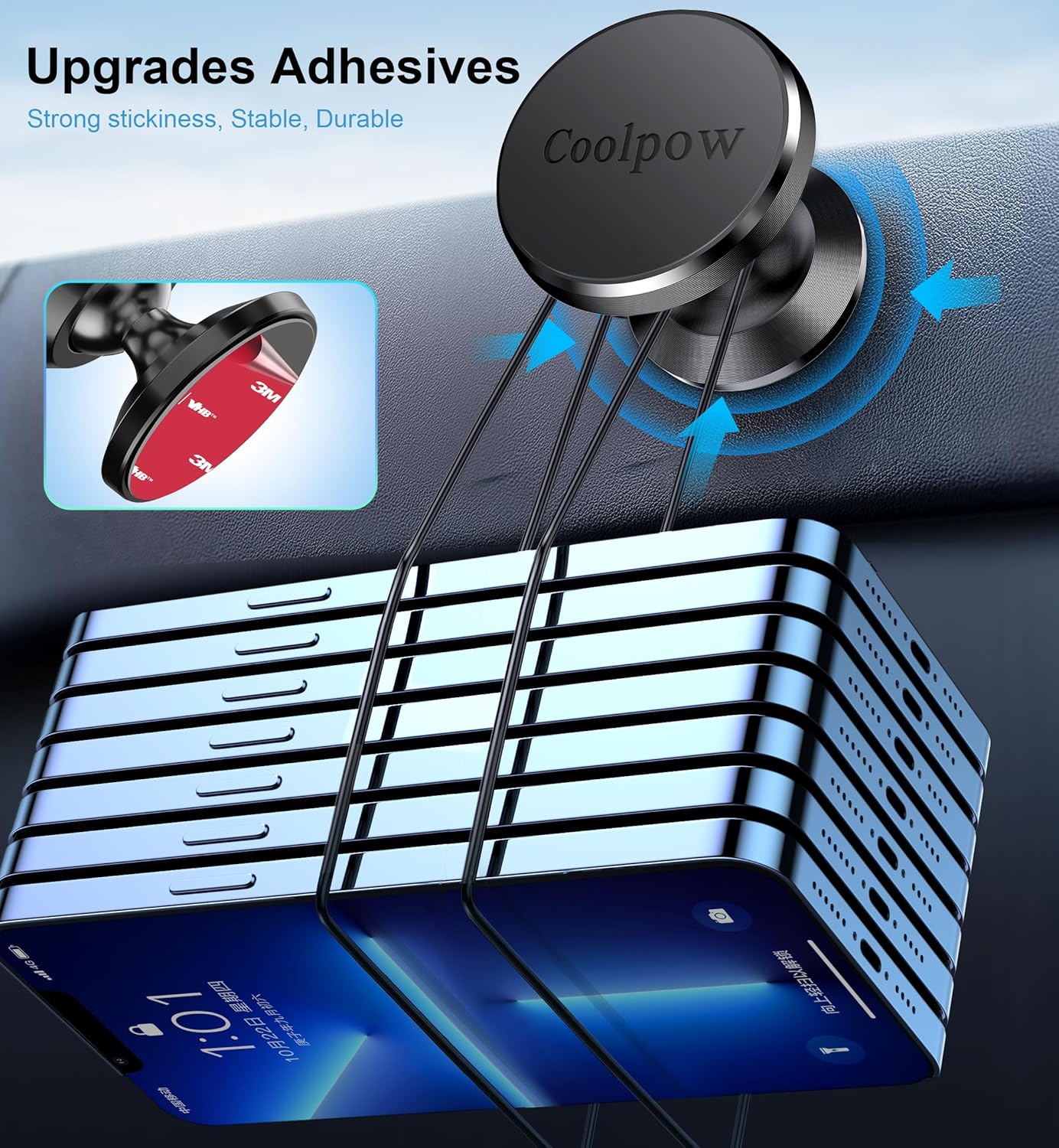 Coolpow 2 Packs Magnetic Phone Holder for car Strong Magnet phone holders for your car phone holder Mount for Car 4 Metal Plate Universal Dash cell phone car mount for iphone Samsung car accessories