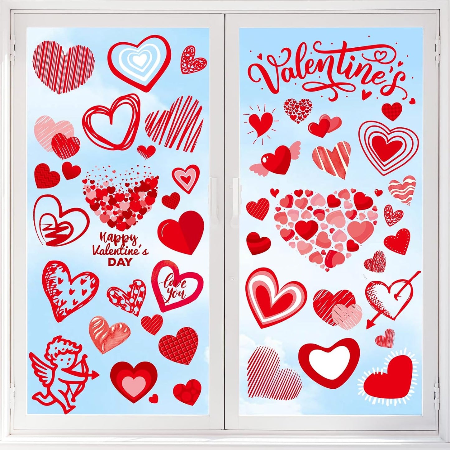 Valentines Day Decorations, 9 Sheets Valentine Window Clings Decor, Red Heart Stickers for Home, Office, Classroom, Romantic Cupid Decals Décor